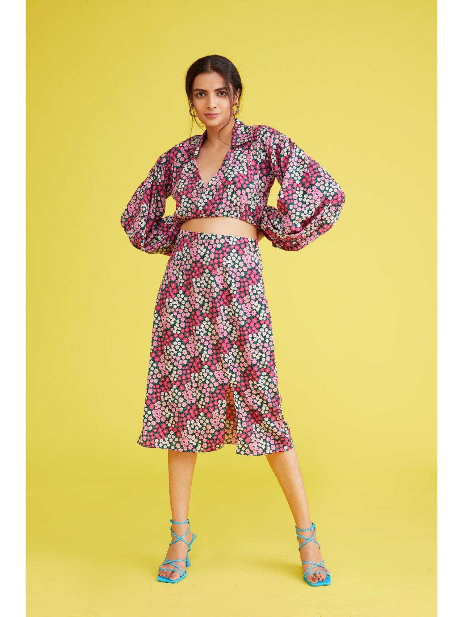 multi-color floral collamulti-color jasmine co-ord with side slit and bishop sleeves (set of 2) (xs)