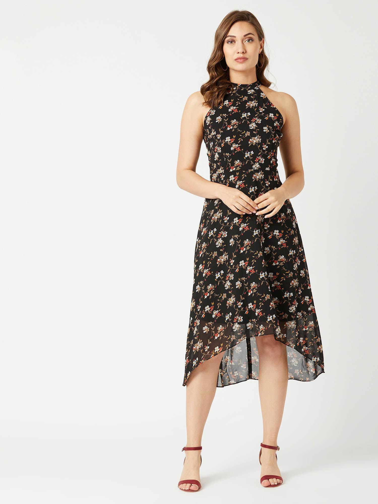 multi-color floral fit & flare knee length dress