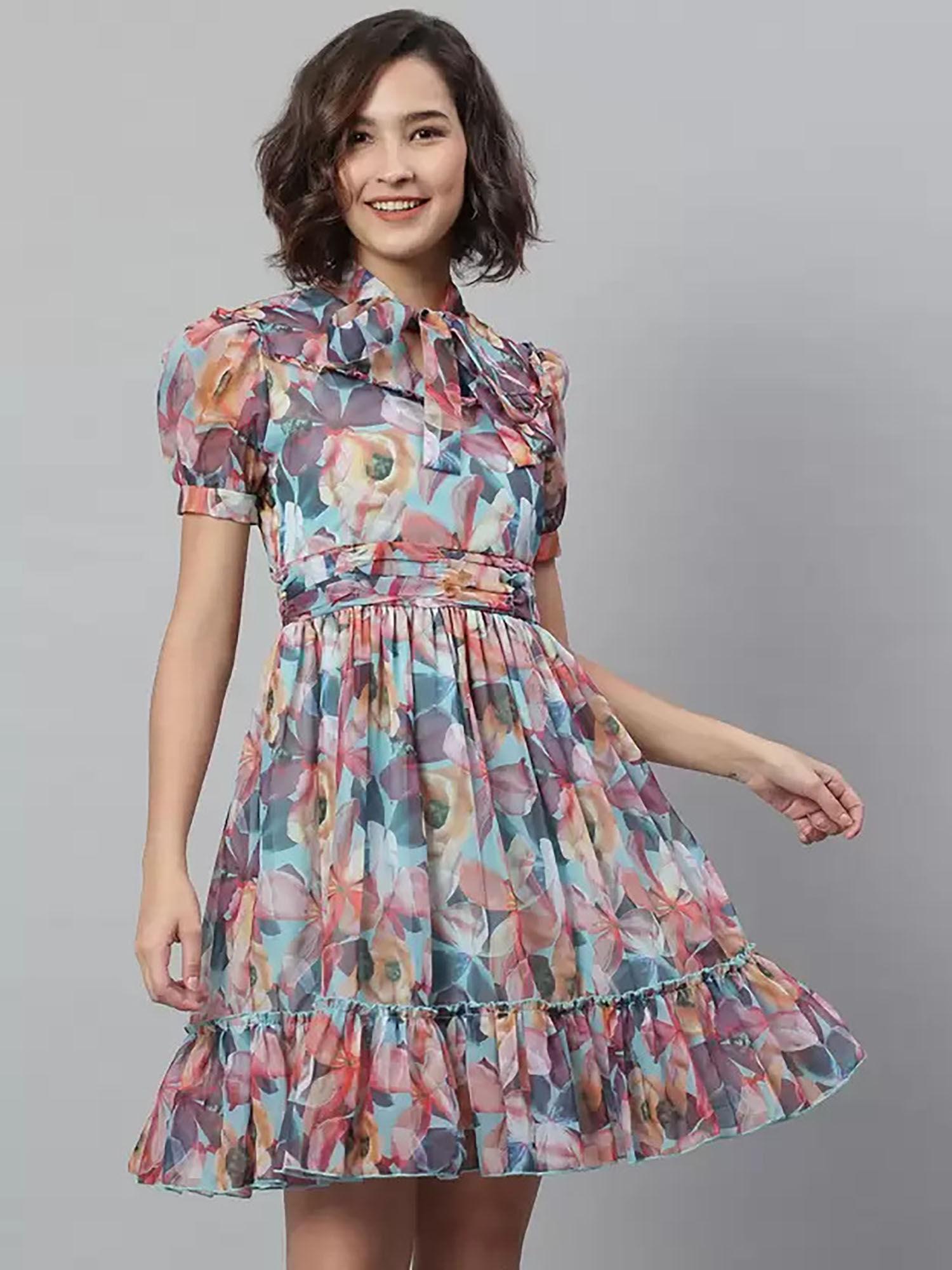 multi-color floral front yoke tie-up dress