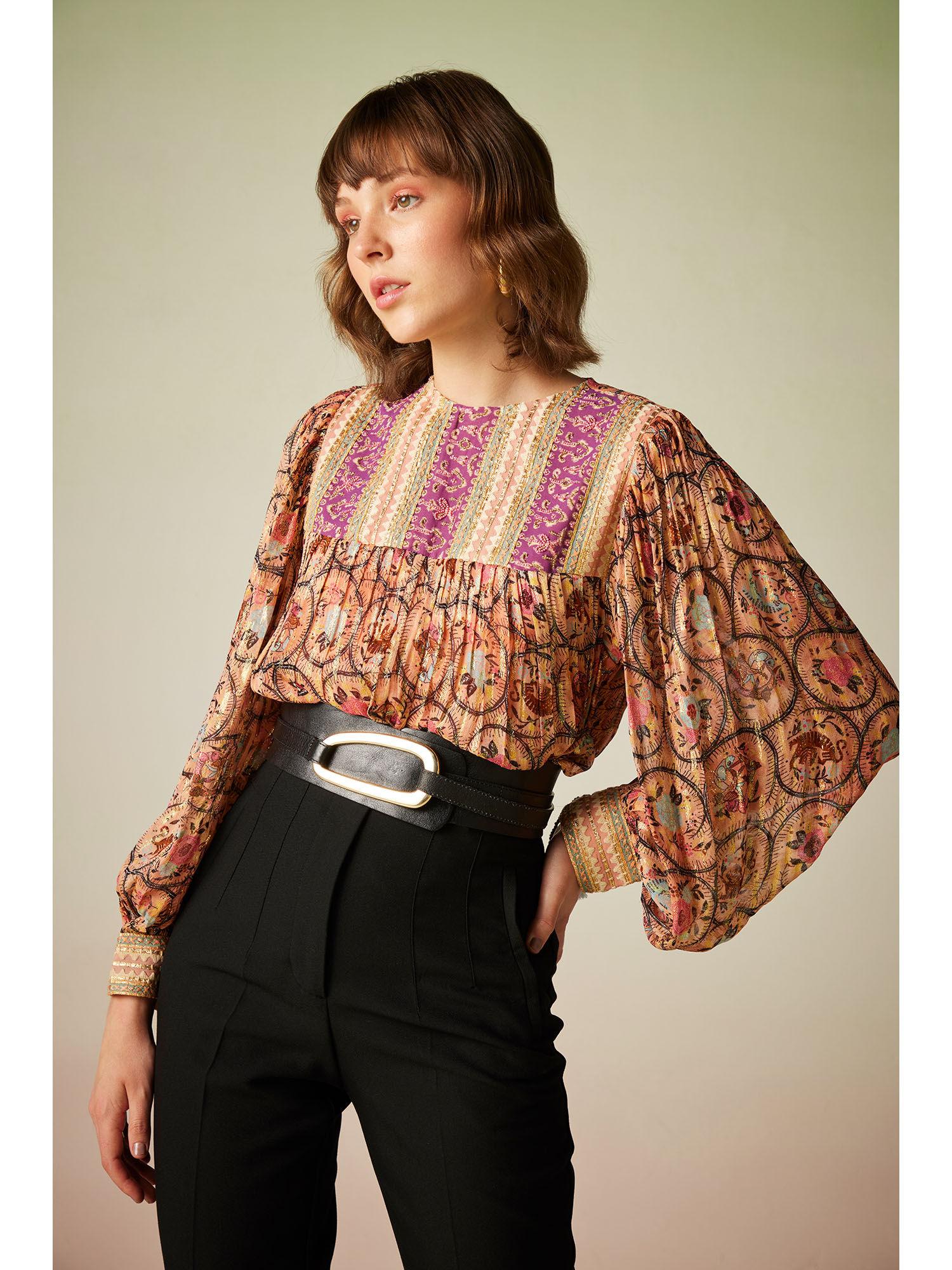multi-color floral geometric printed thread detailing top