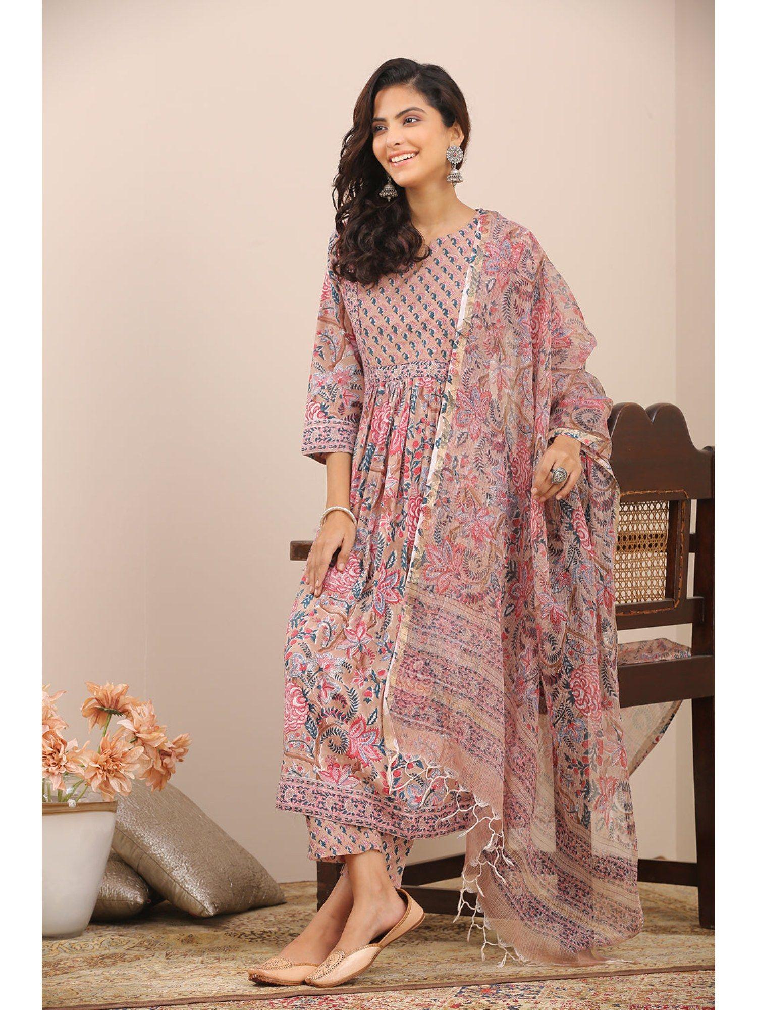 multi-color floral hand block printed kota doria dupatta