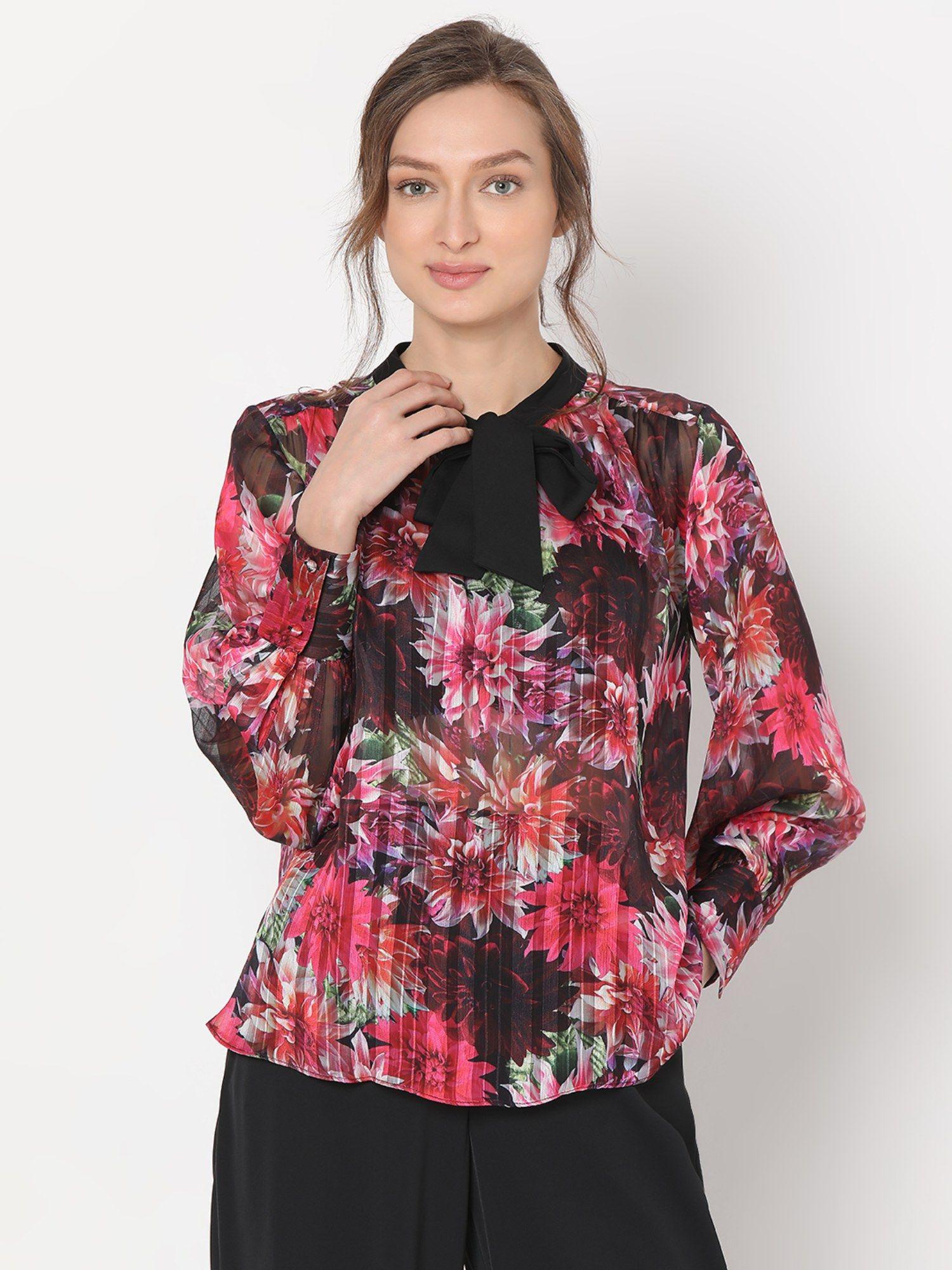 multi-color floral pleated top