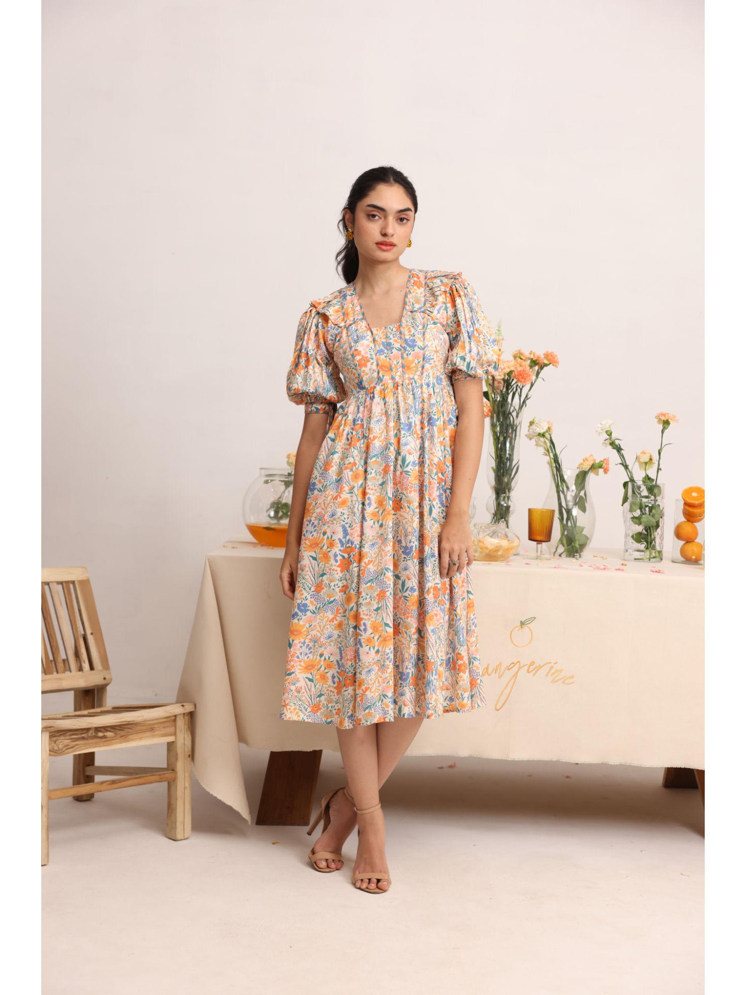 multi-color floral print glisten midi dress