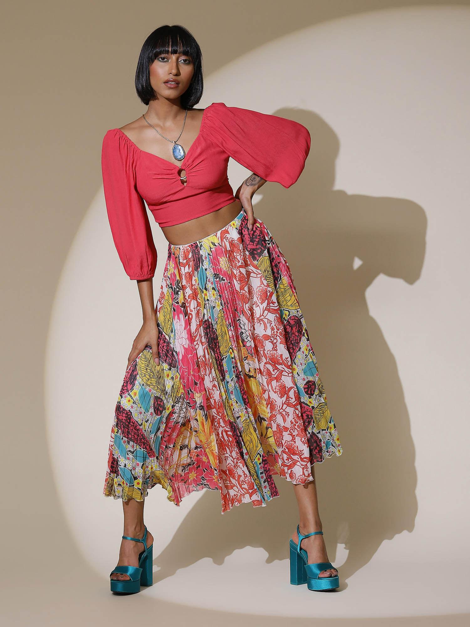 multi color floral print pleated skirt