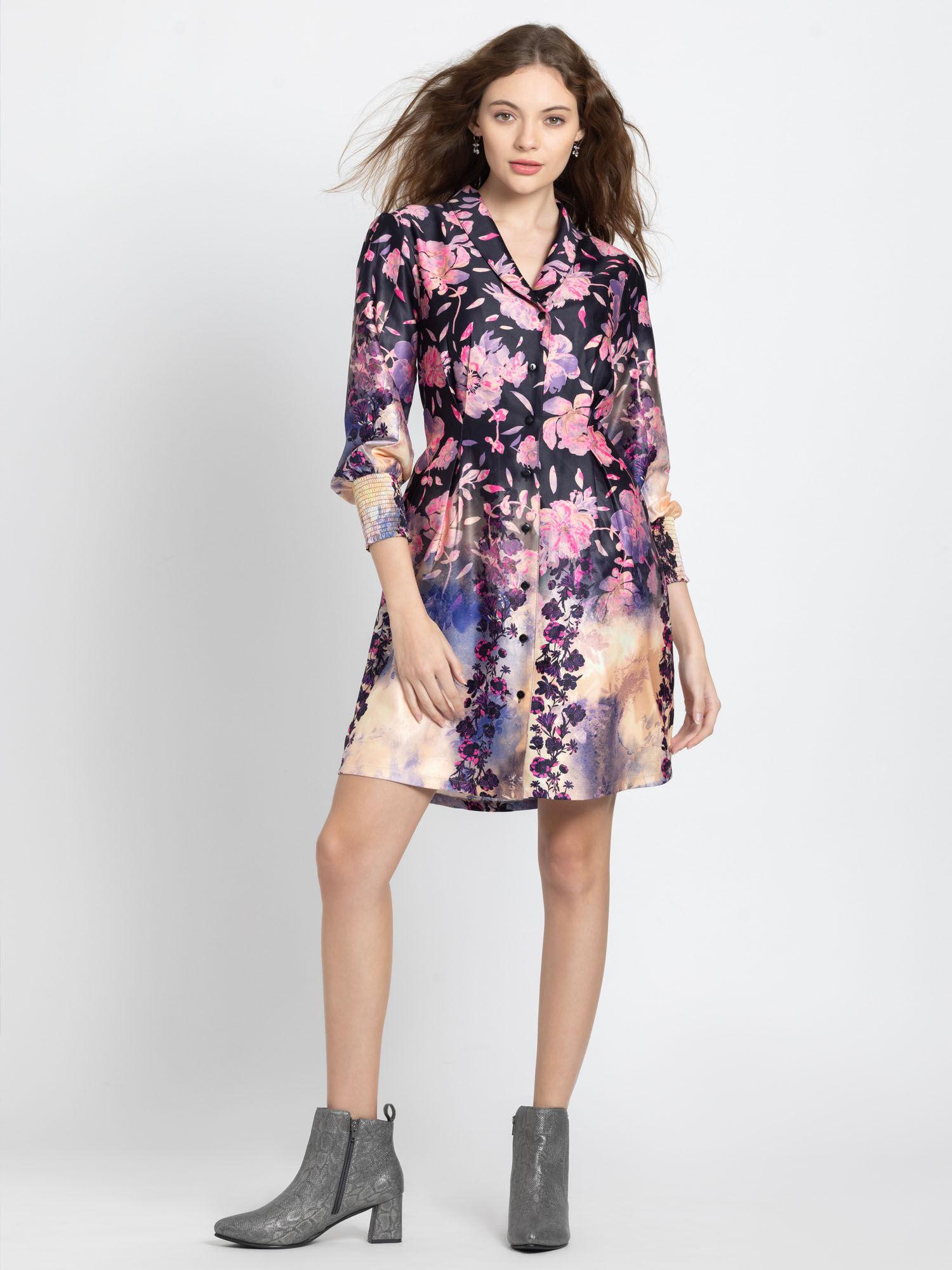 multi-color floral print three fourth sleeves casual dress for women