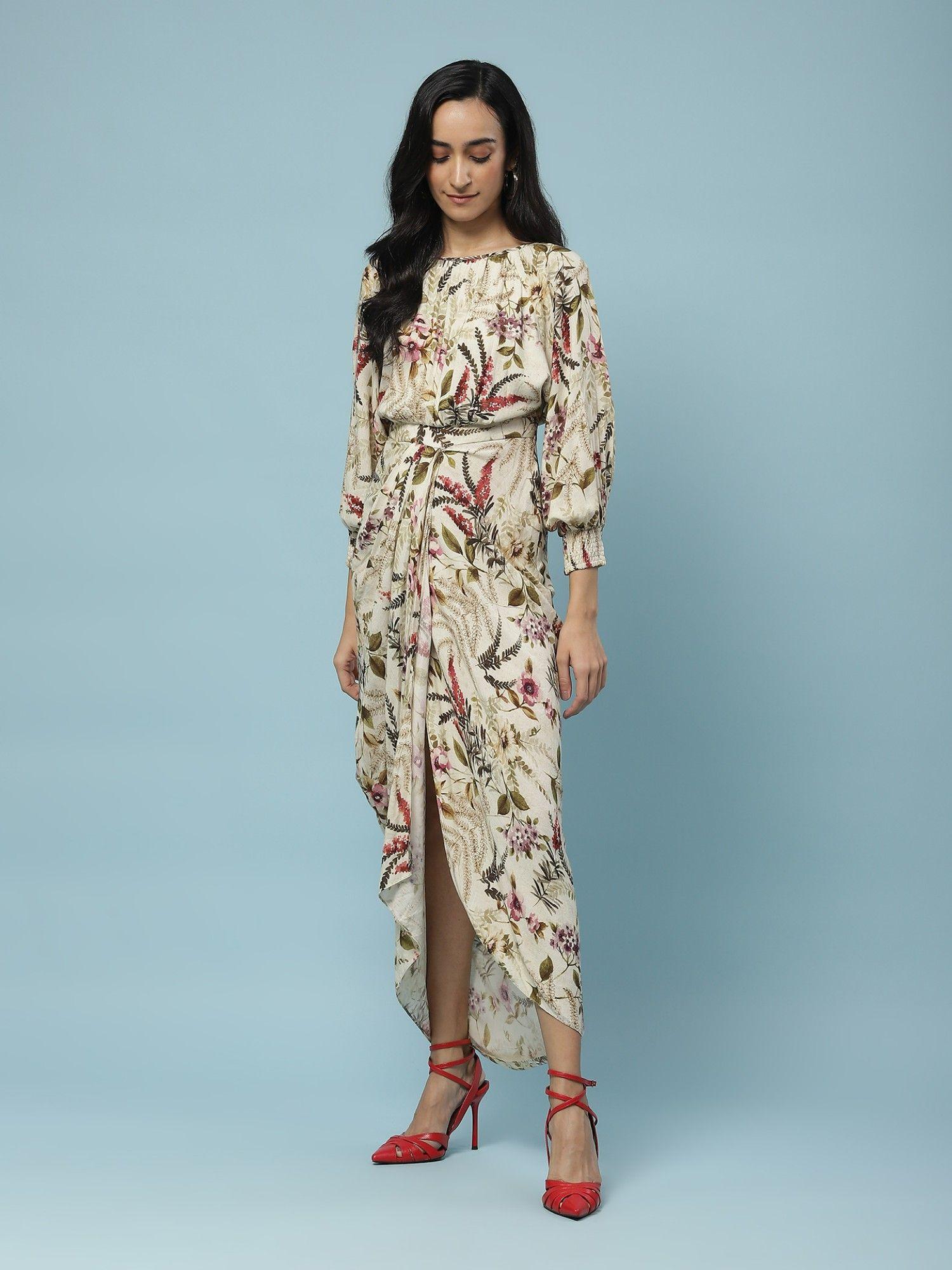 multi-color floral print wrap maxi dress