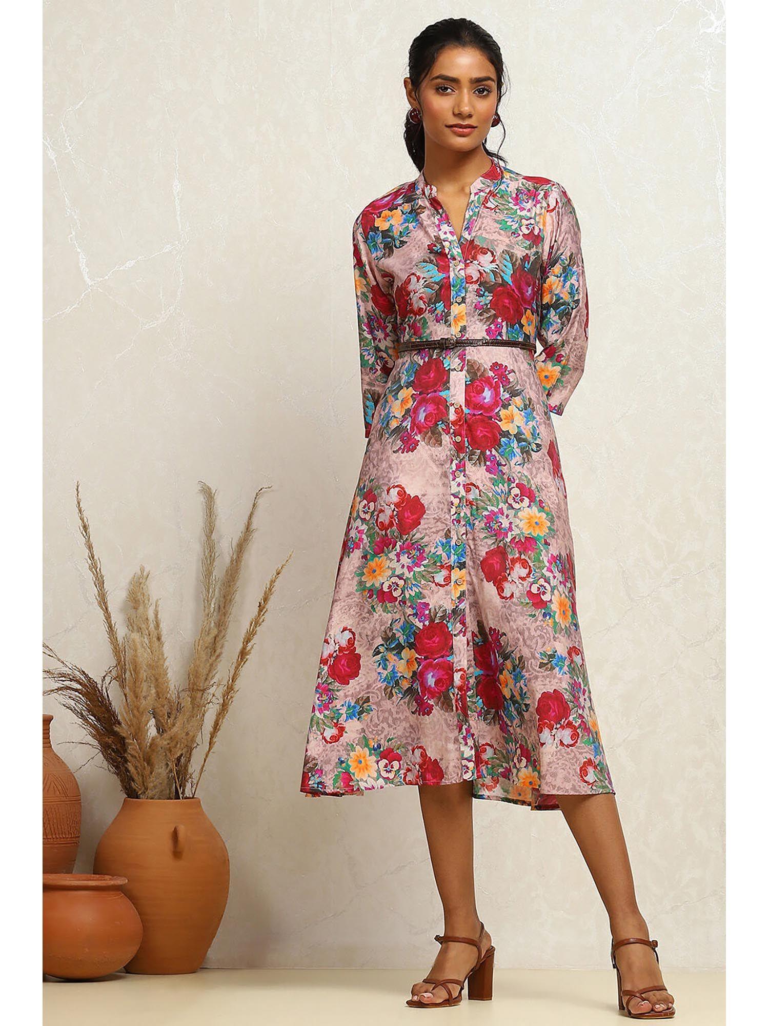 multi-color floral printed midi dress with belt (set of 2)