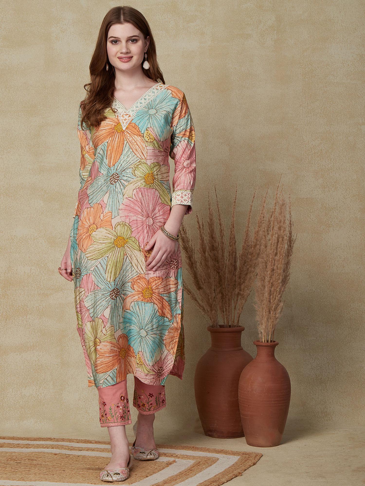 multi-color floral printed mirror embroidered kurta