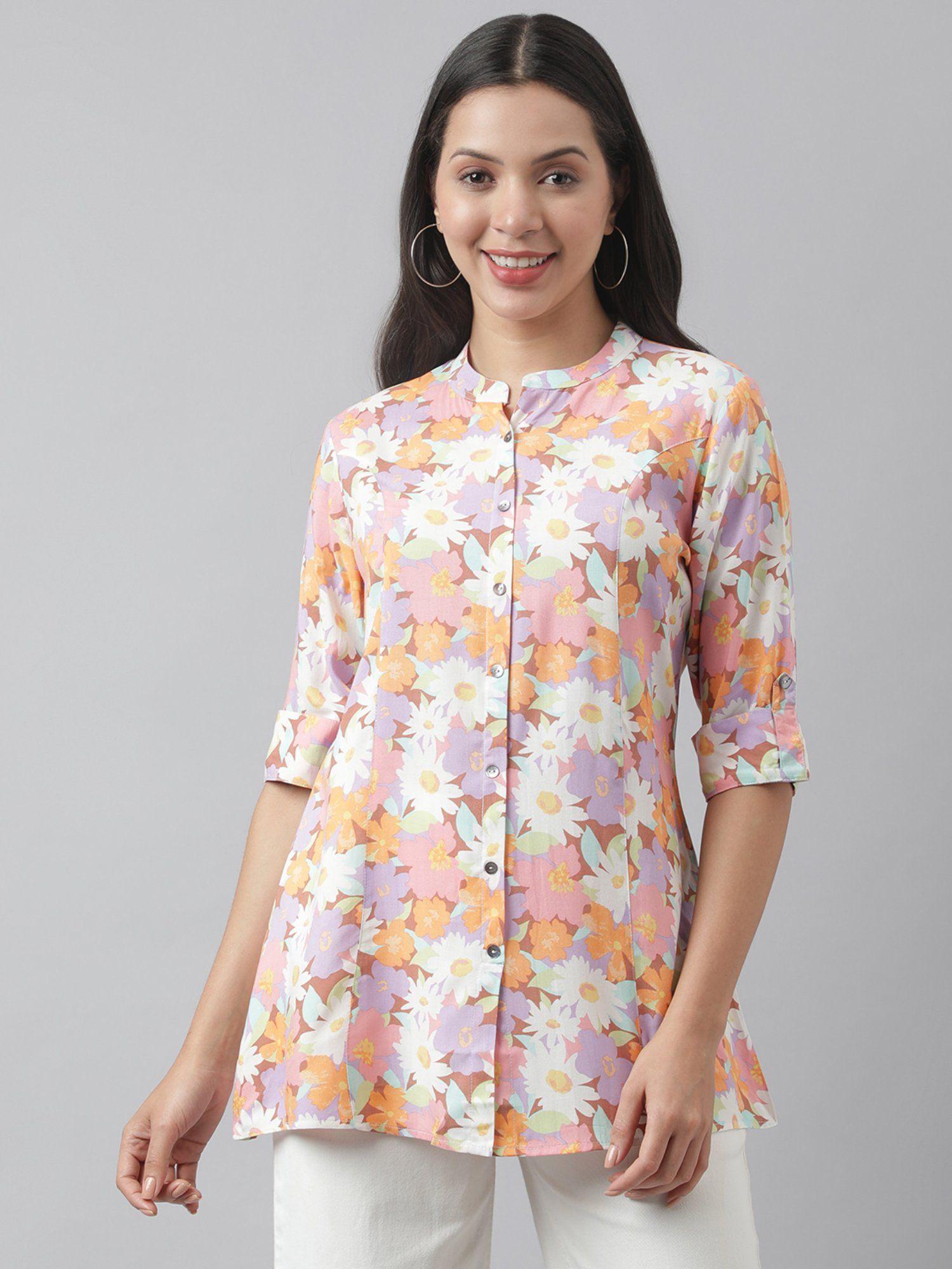 multi-color floral printed rayon a-line shirt style top