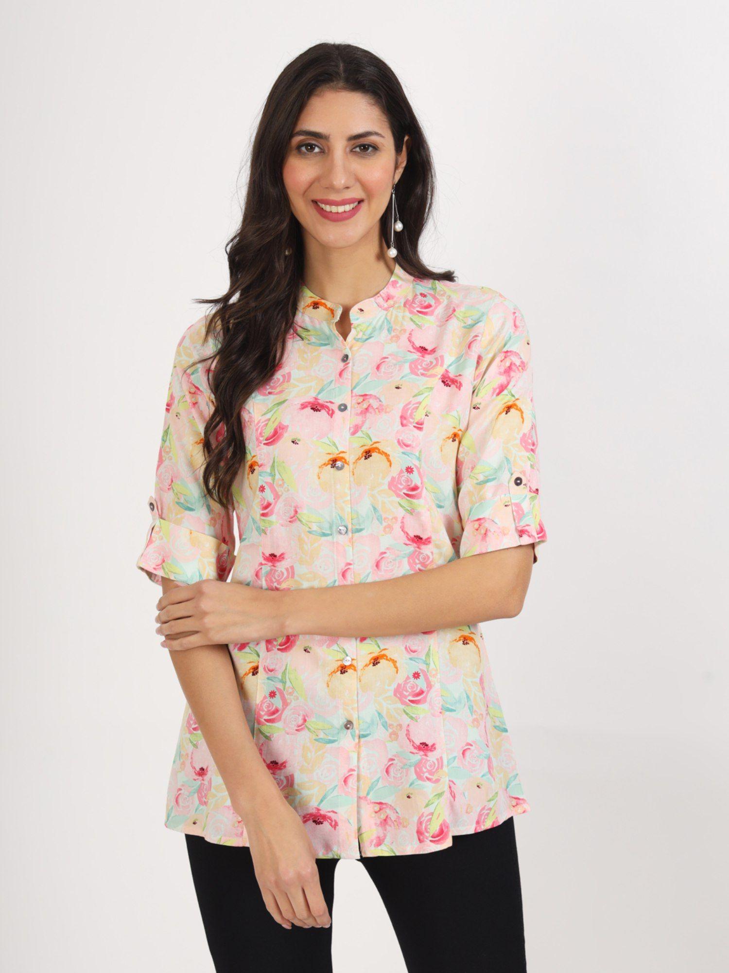 multi-color floral printed rayon top