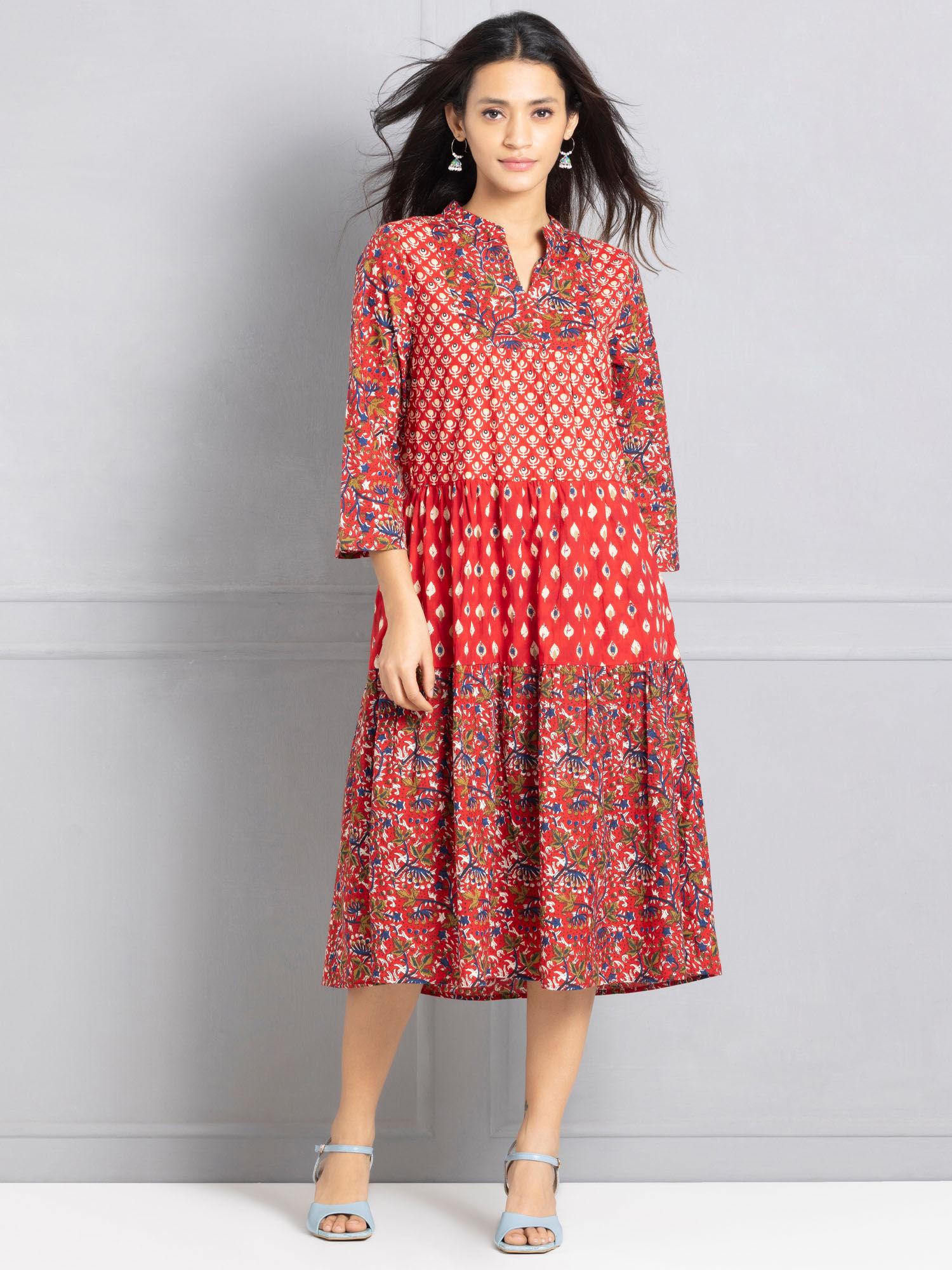 multi-color floral printed three fourth sleeves mandarin neck midi dress