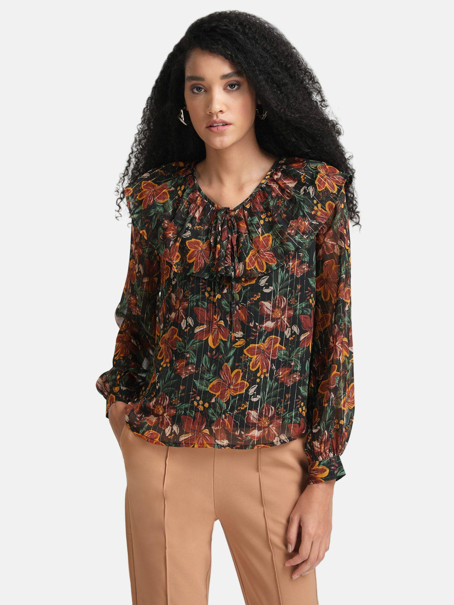 multi-color floral printed top with ruffle