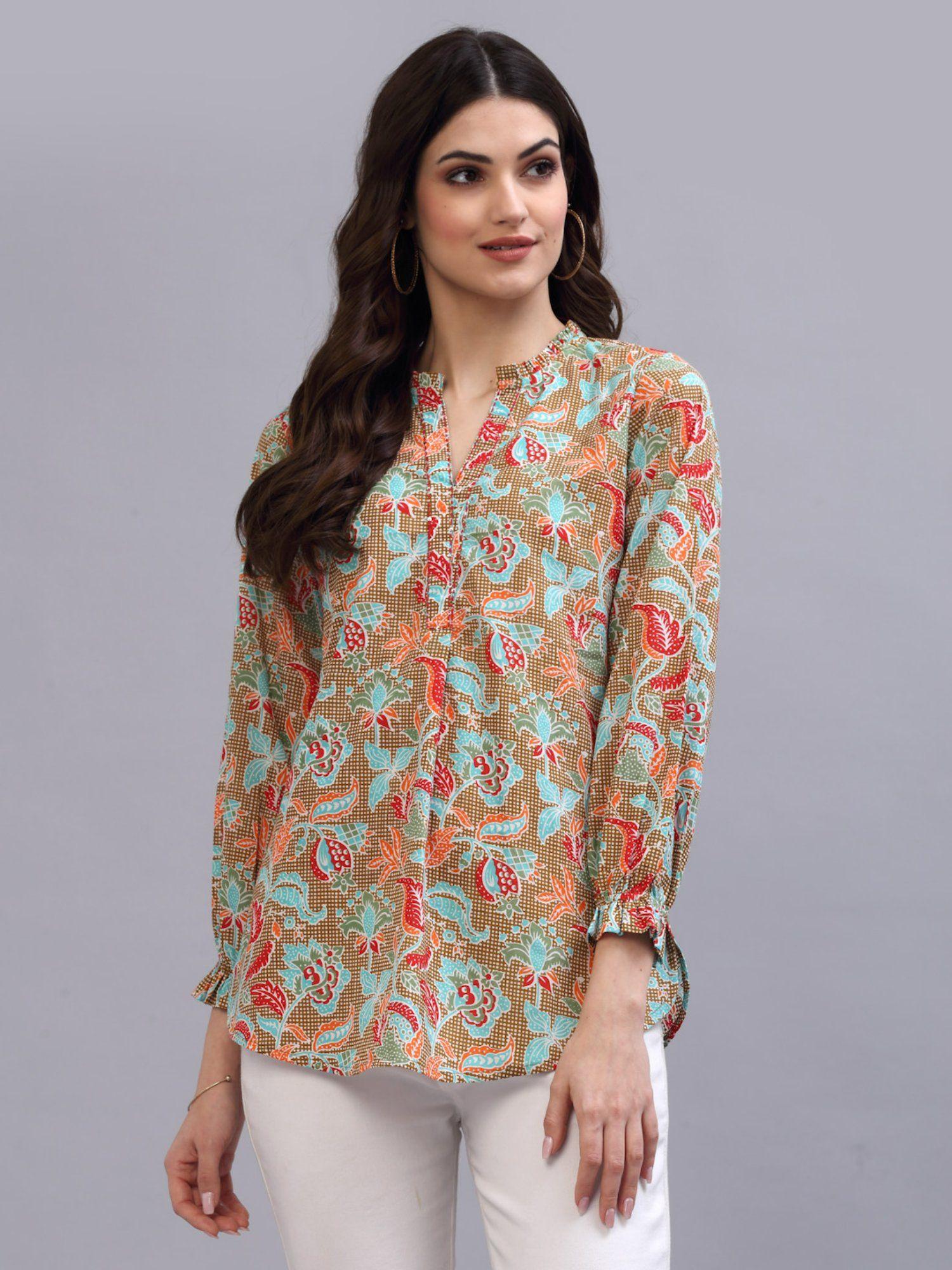 multi-color floral printed top with ruffles