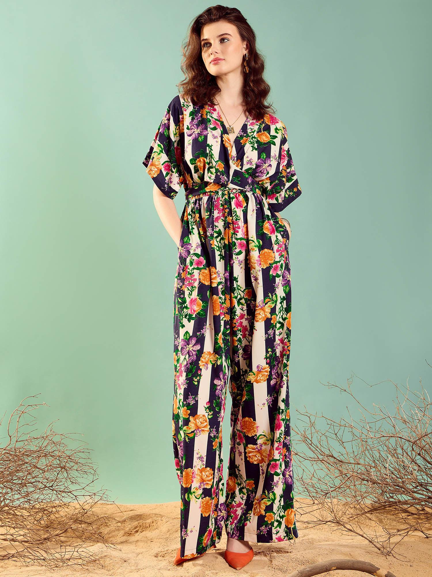 multi-color floral printed v-neck front knotting jumpsuit