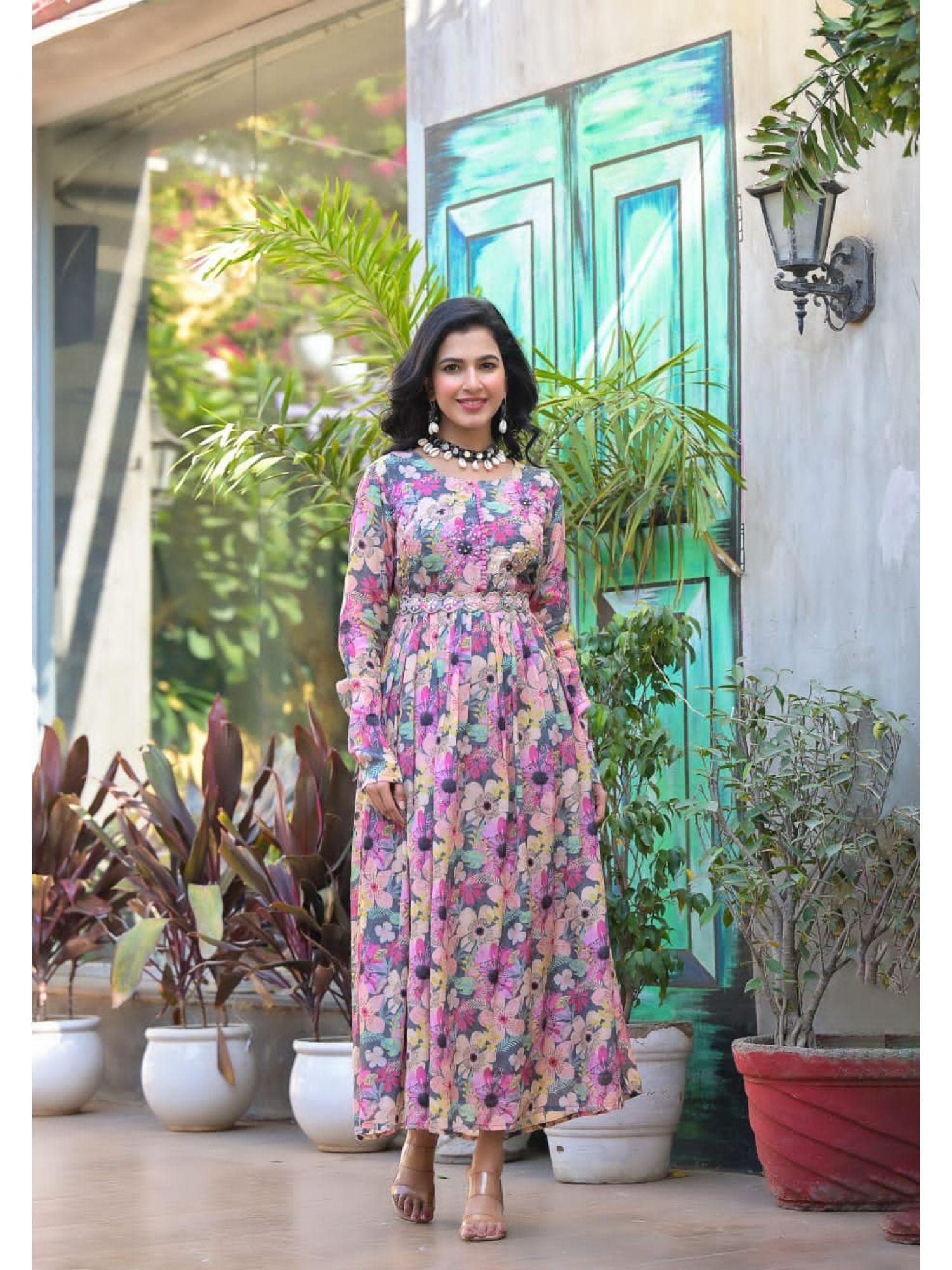 multi color floral thread work full sleeves maxi dress with belt (set of 2)