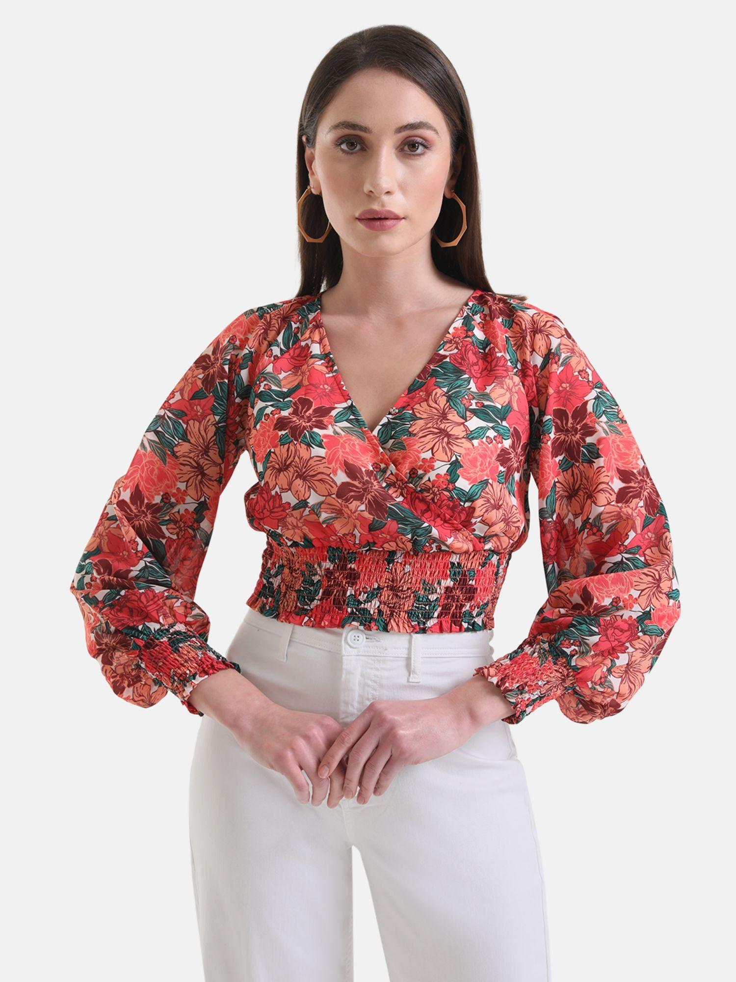 multi-color floral wrap top