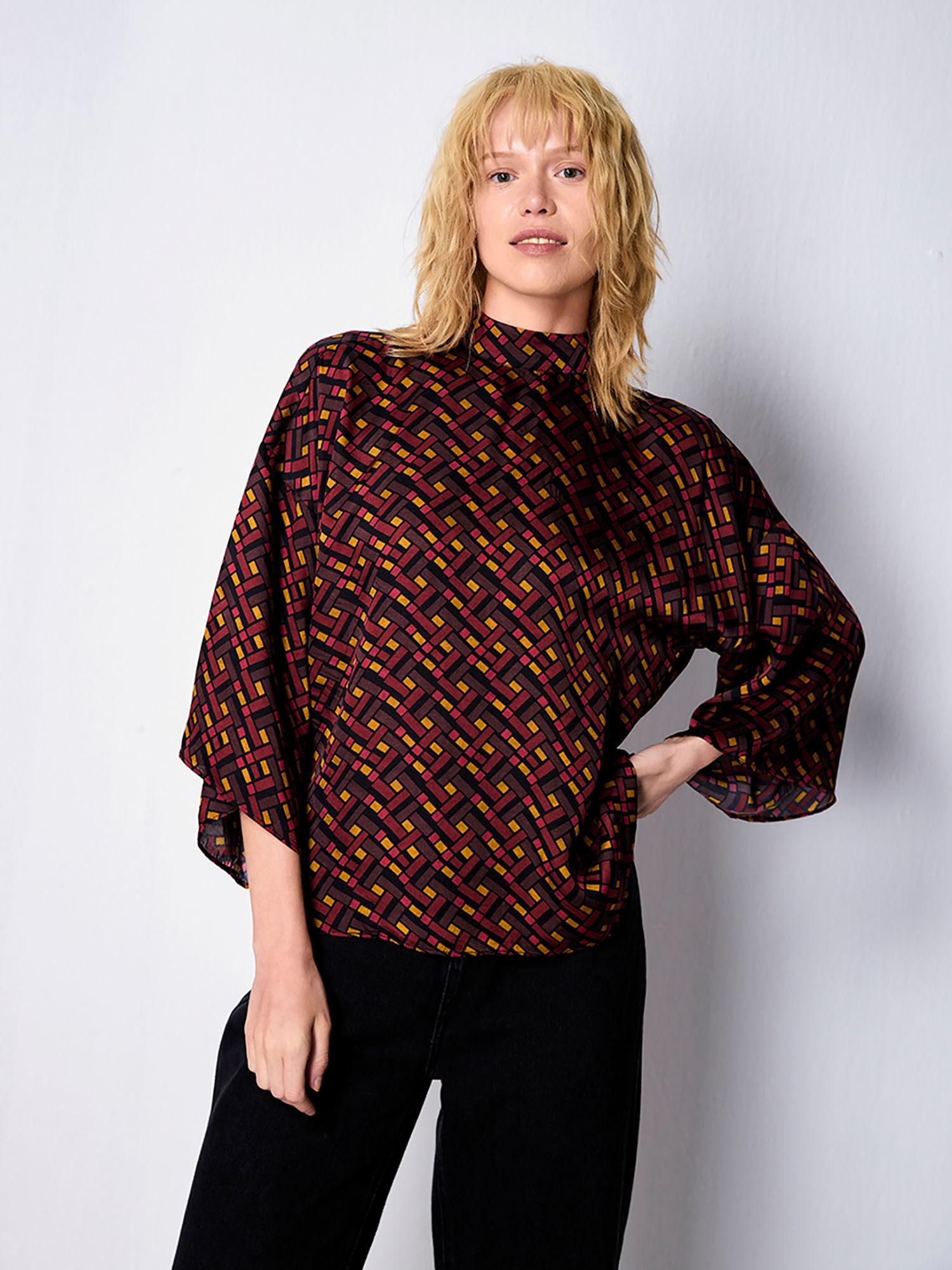 multi-color geo print tie-neck shell top