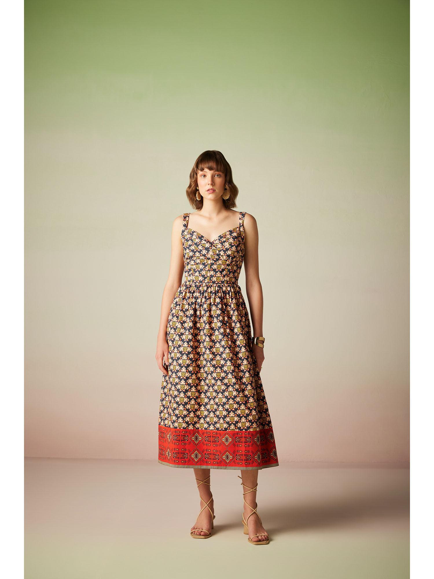multi-color geometric printed sleeveless midi dress