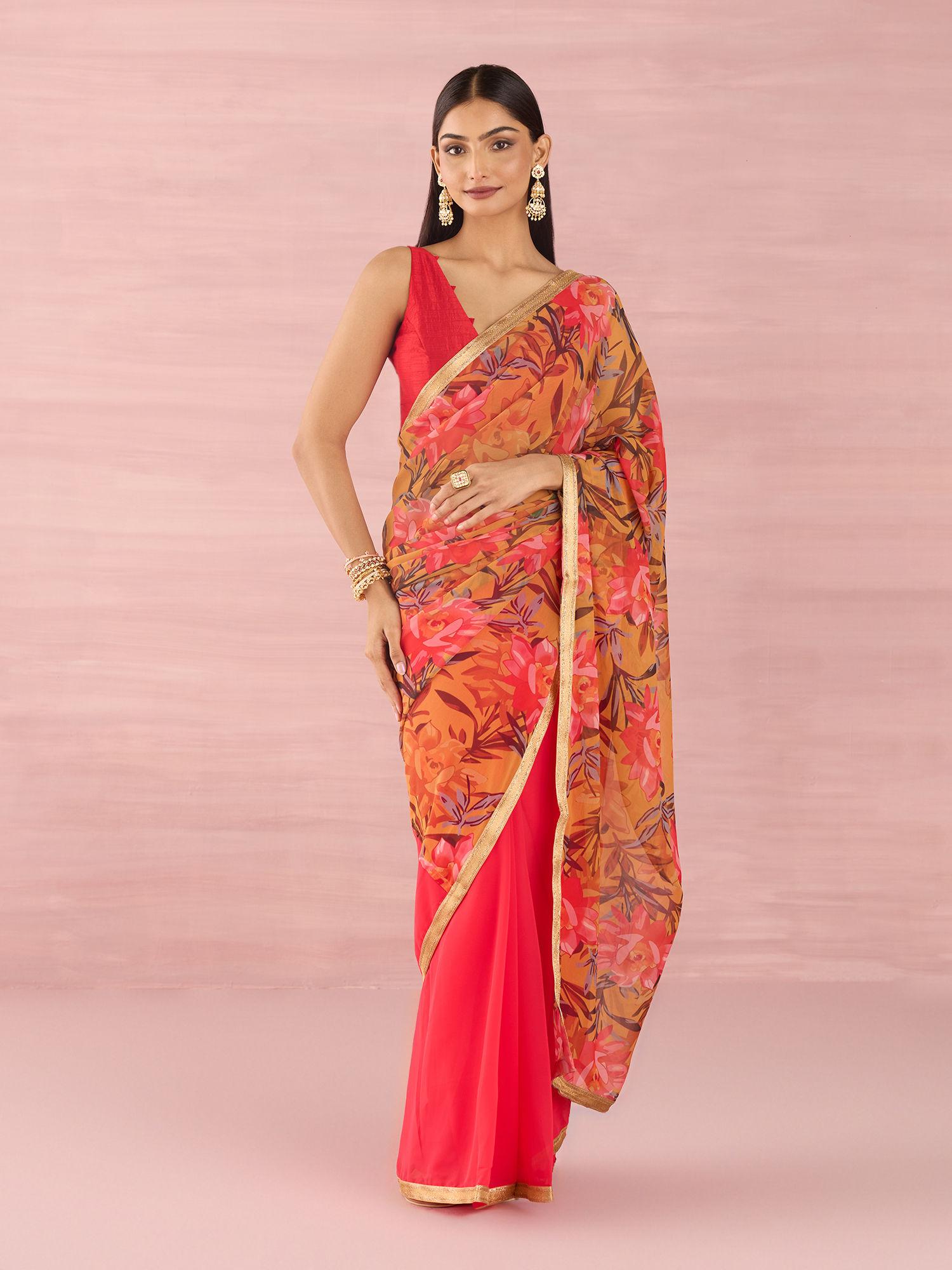 multi-color georgette floral printed saree with unstitched blouse