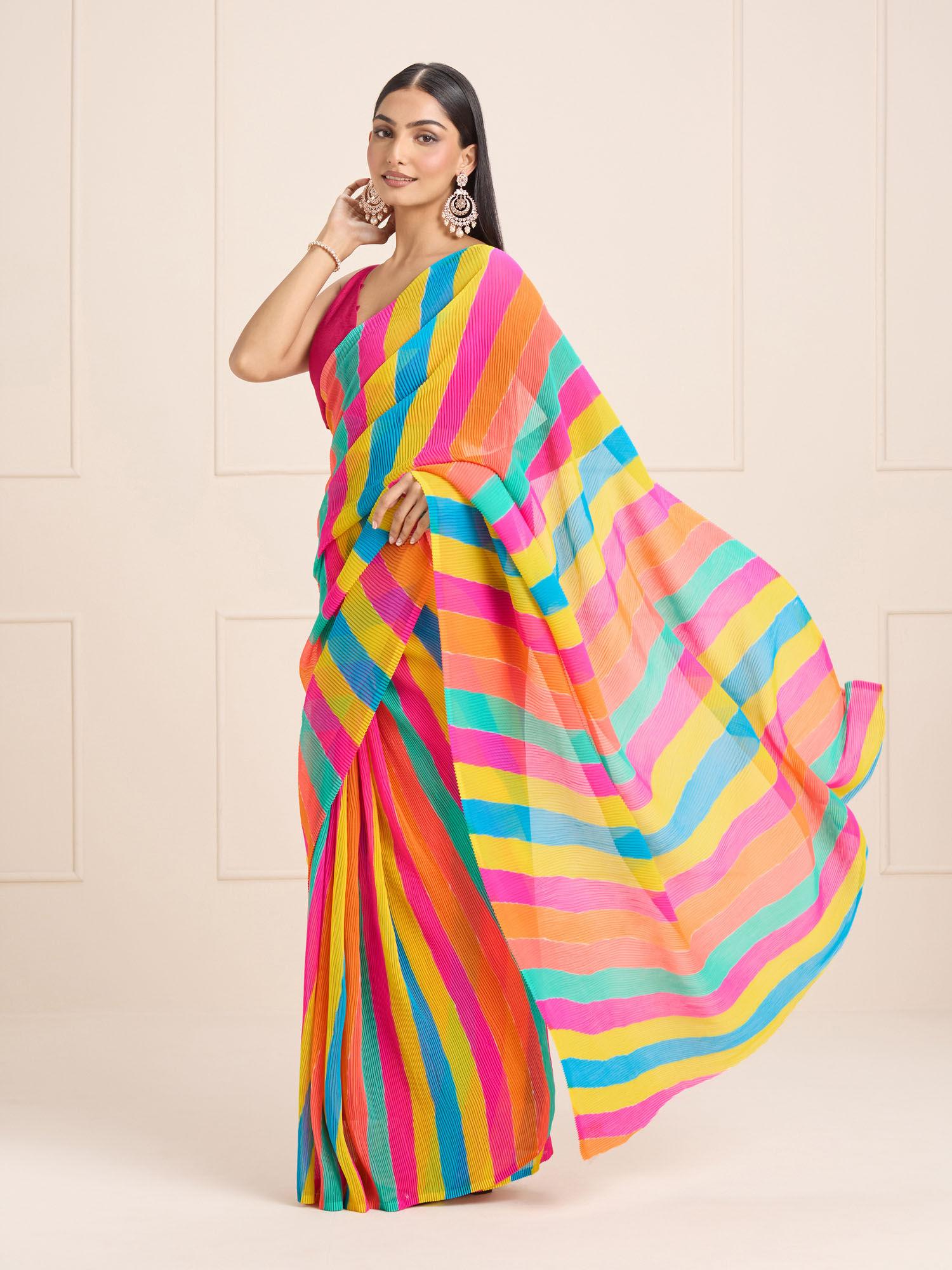 multi-color georgette pleated leheriya printed party saree & unstitched blouse