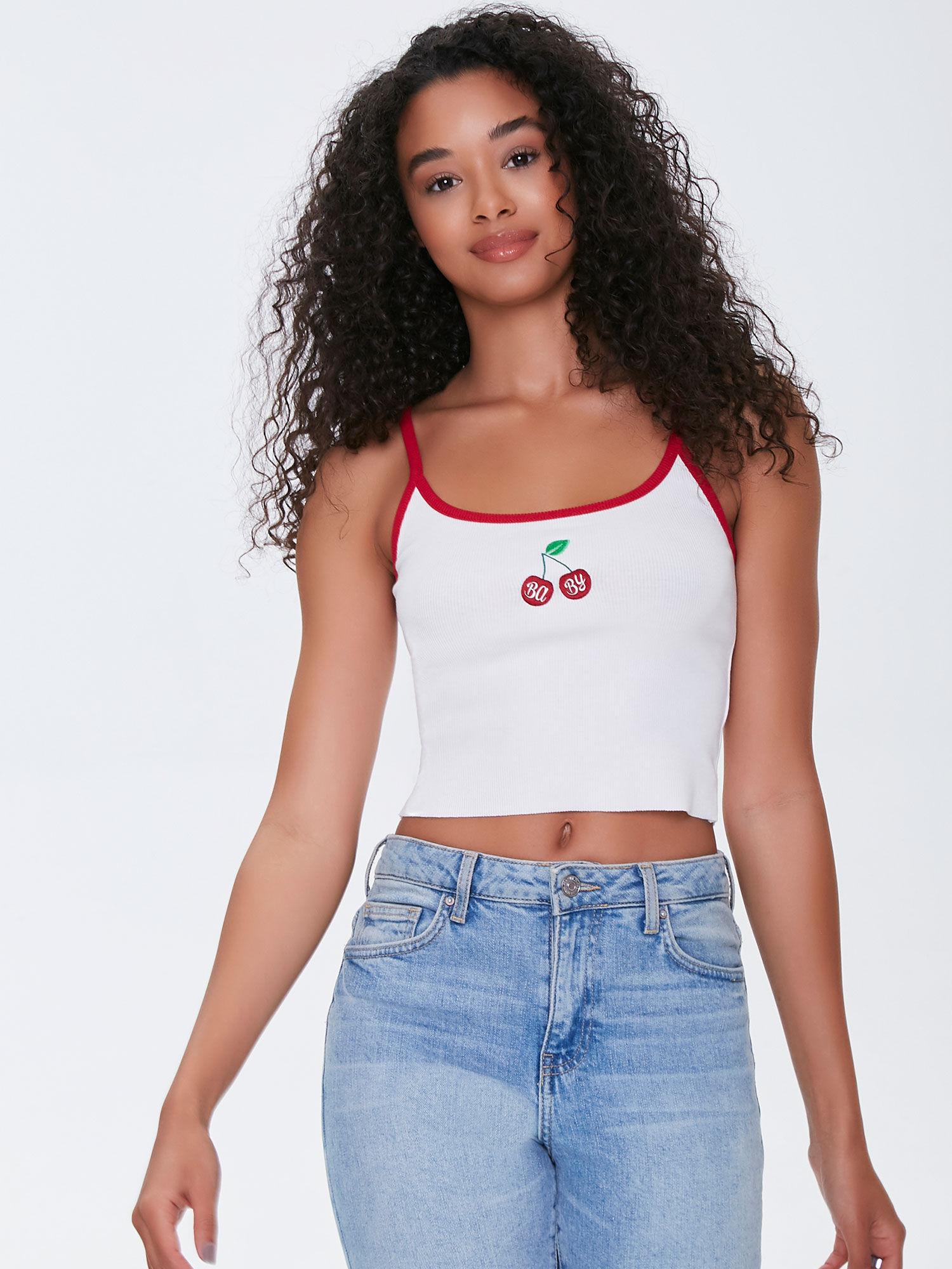 multi-color graphic baby cherry cropped cami