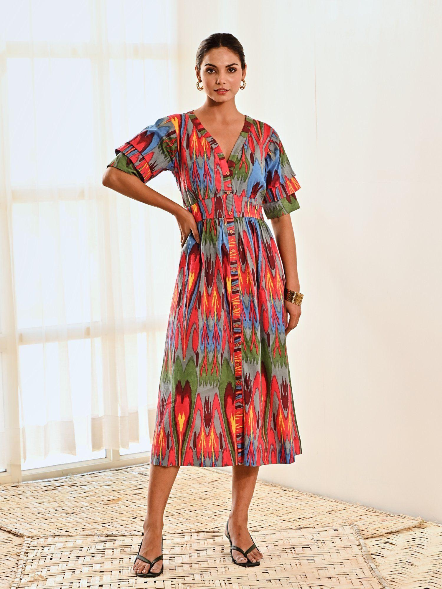 multi-color ikat print cotton a line midi dress