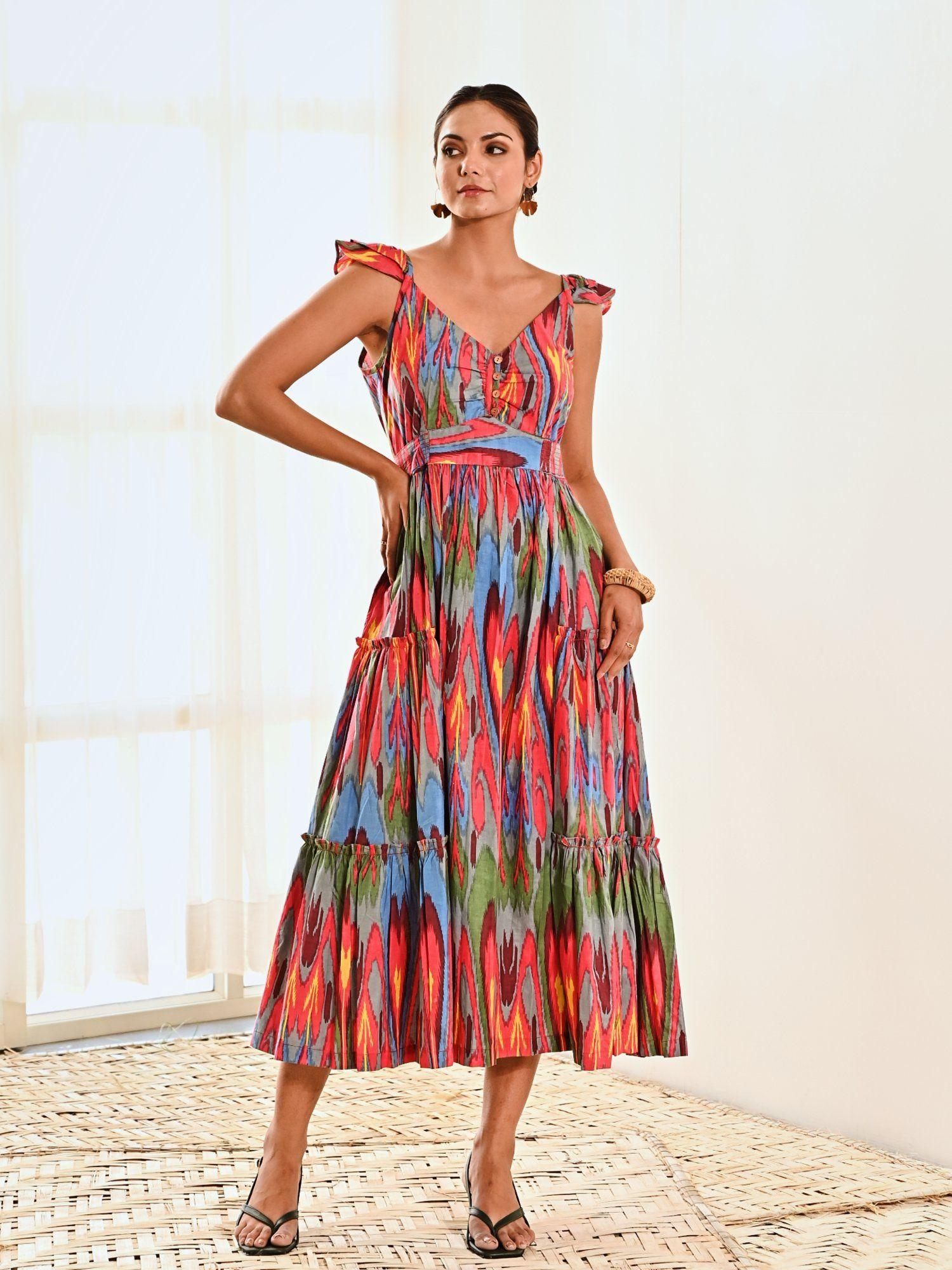 multi-color ikat print cotton maxi long dress