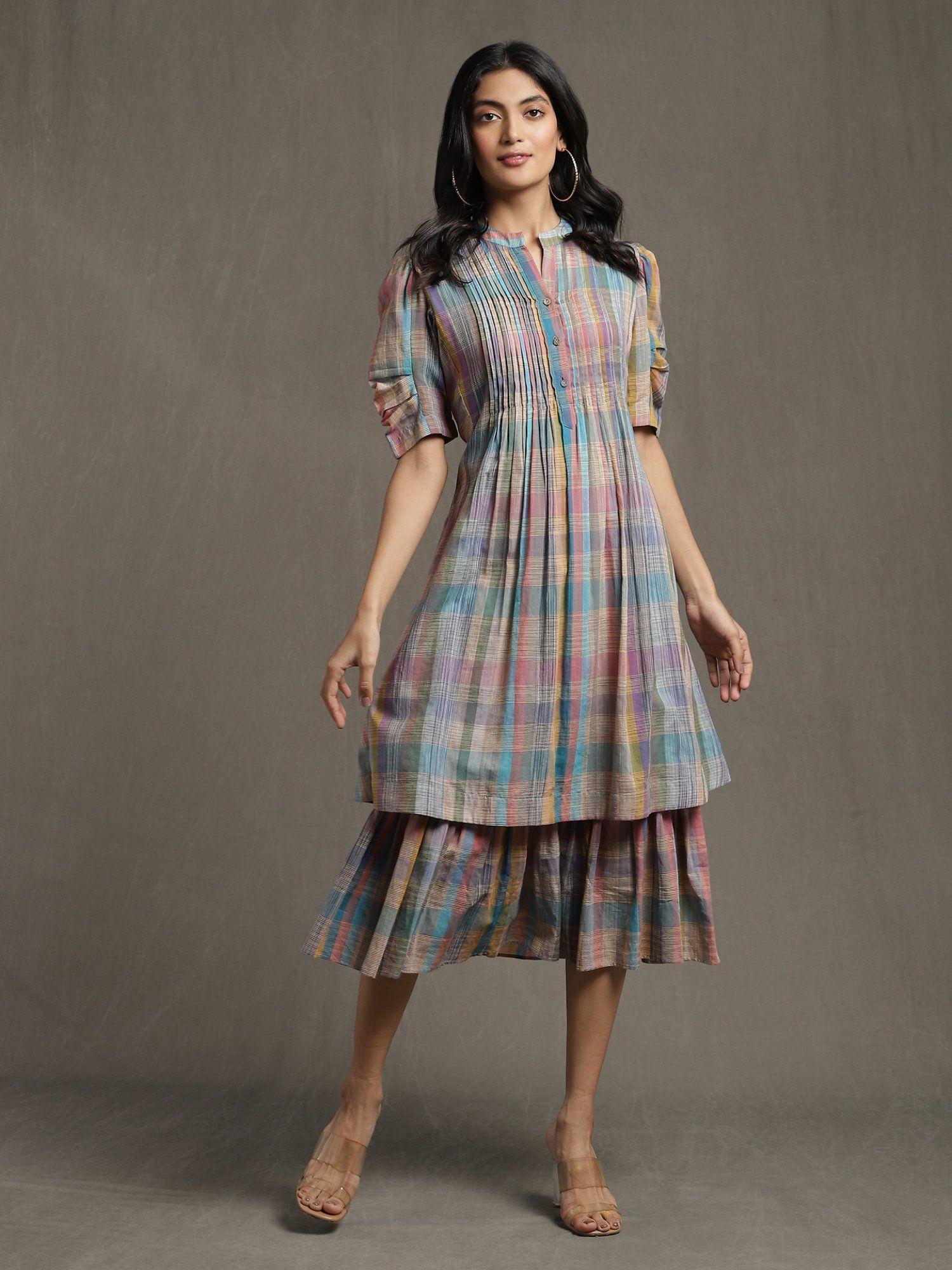 multi-color layered dress with pin tuck details