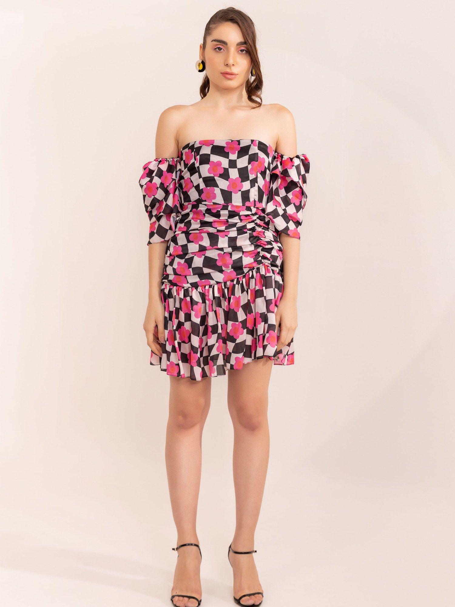 multi-color lemonade printed off shoulder dress