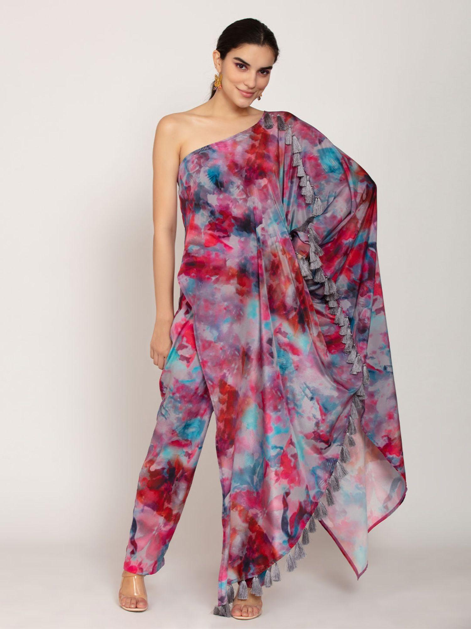 multi-color marble tie-dye print asymmetric kaftan & straight pants set (set of 2)