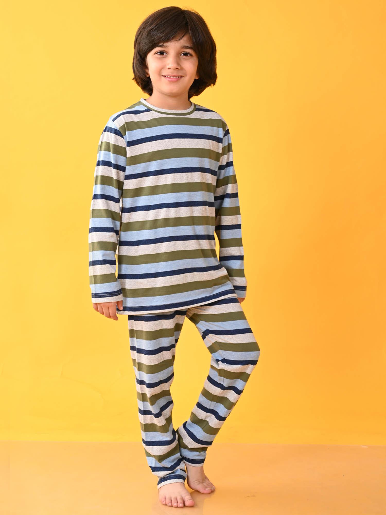 multi-color melange green striped full sleeves boys pyjama (set of 2)