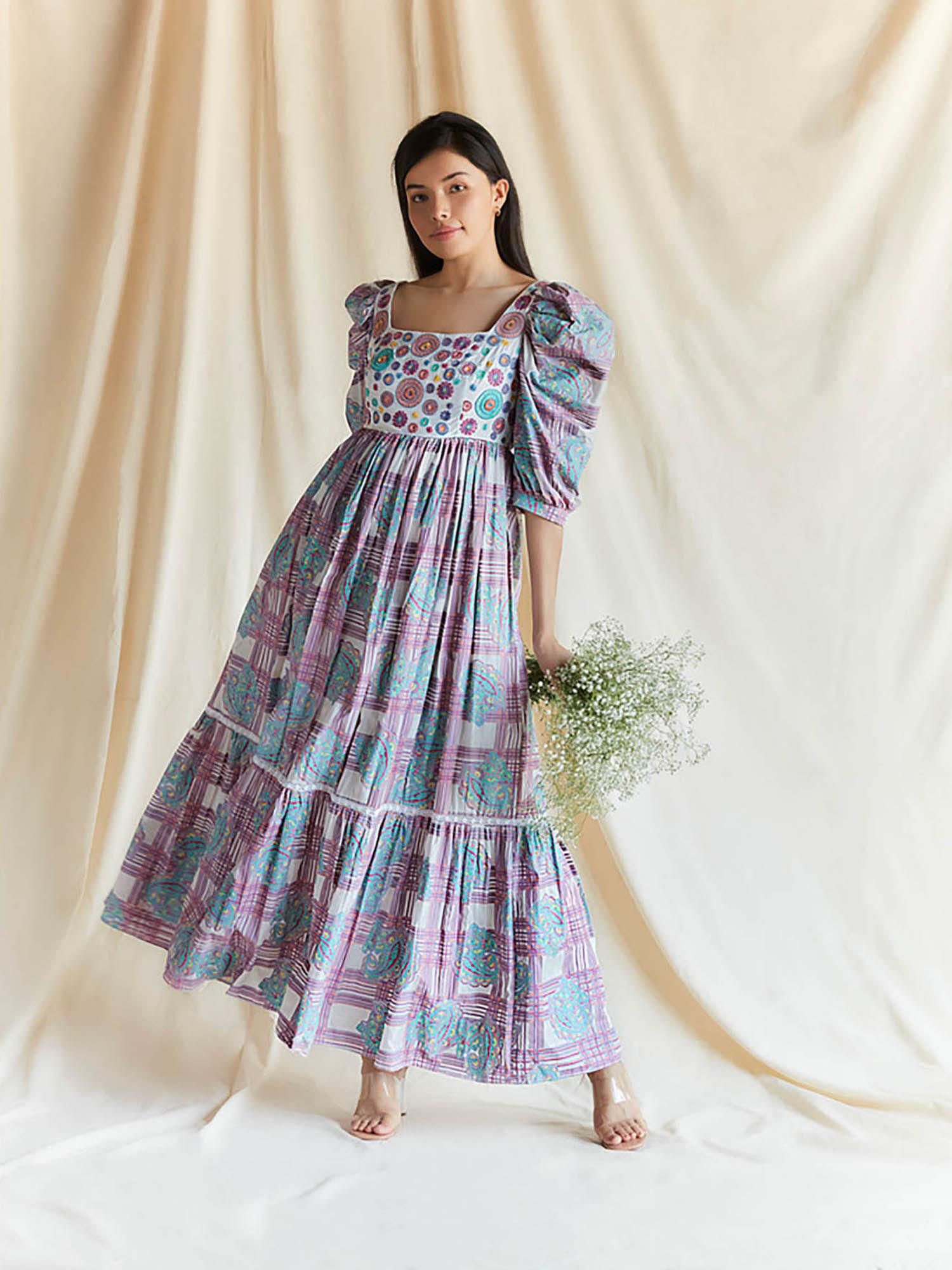 multi-color mul printed and embroidered maxi