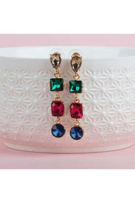 multi color multi color golden long earings with green and red cz stone hanging