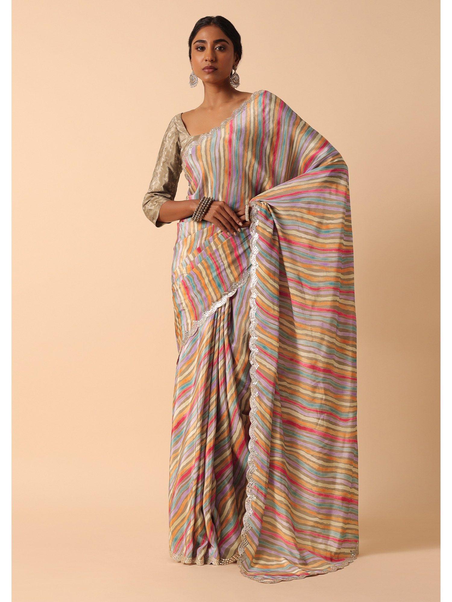 multi-color muslin stripes pre-draped saree & unstitched blouse