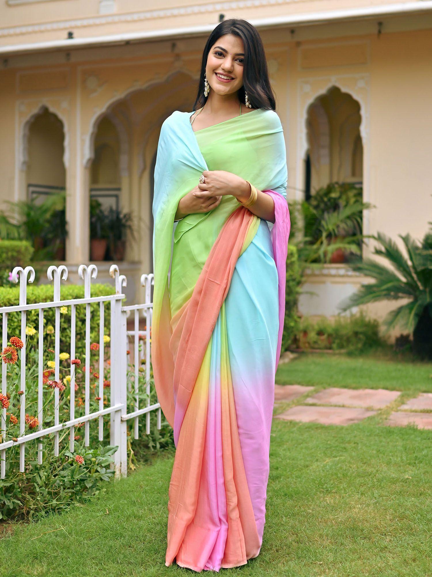 multi-color ombre chiffon saree with unstitched blouse