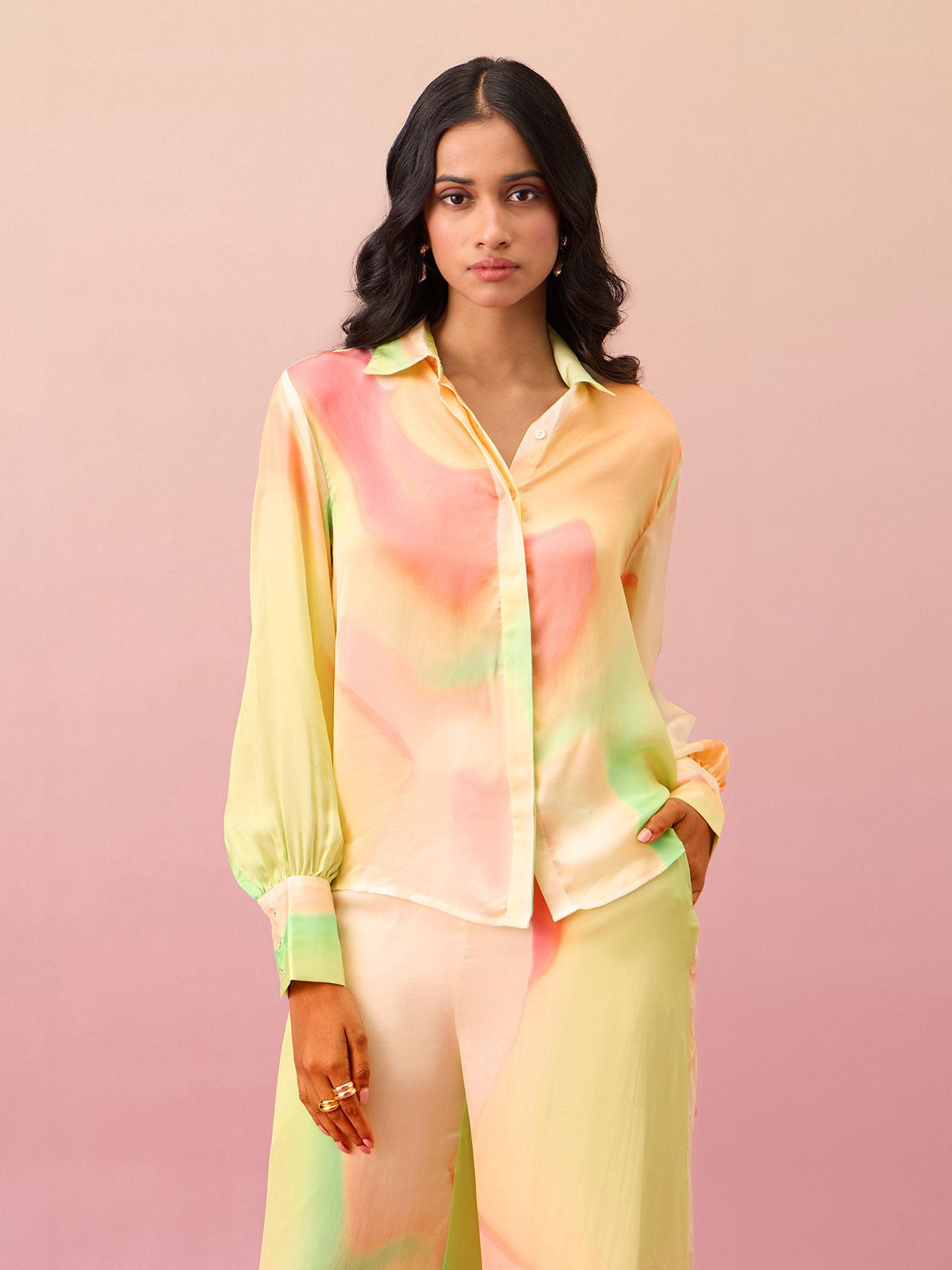 multi-color ombre print full sleeves satin shirt