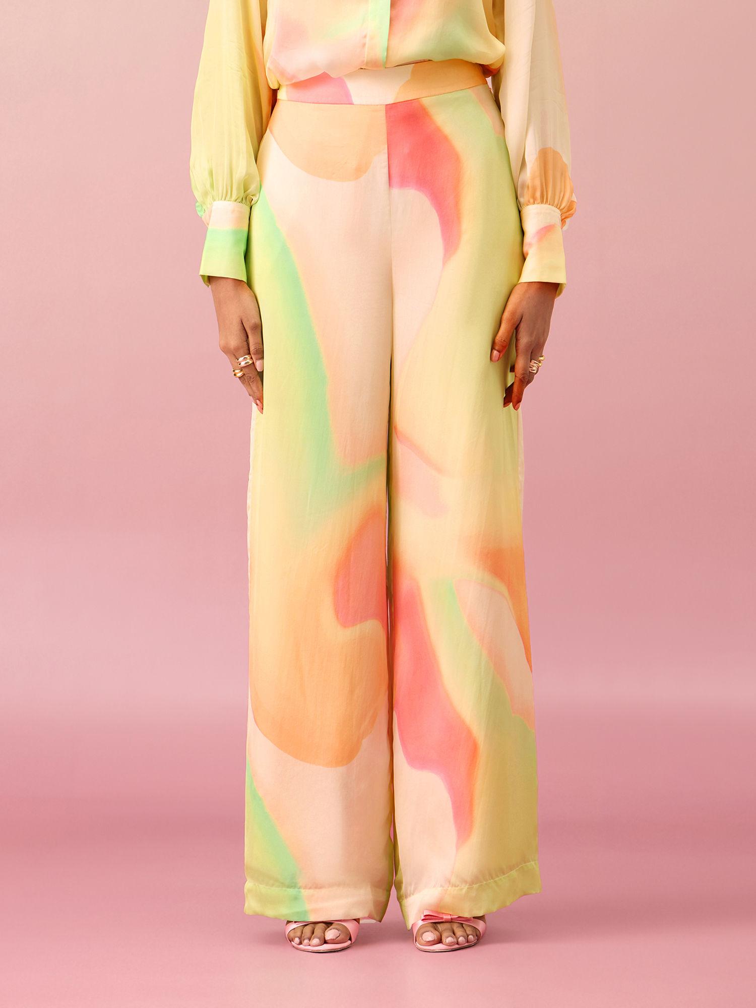 multi-color ombre print high waist straight fit satin pant