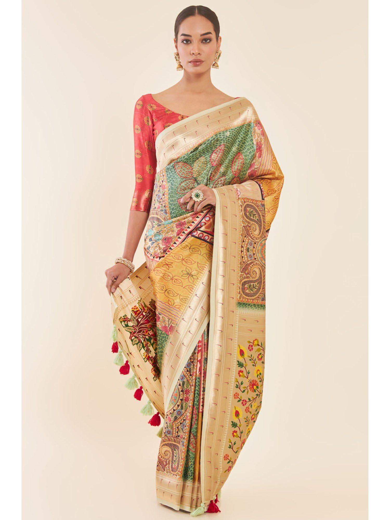 multi-color paisley printed tussar saree with floral pallu and unstitched blouse