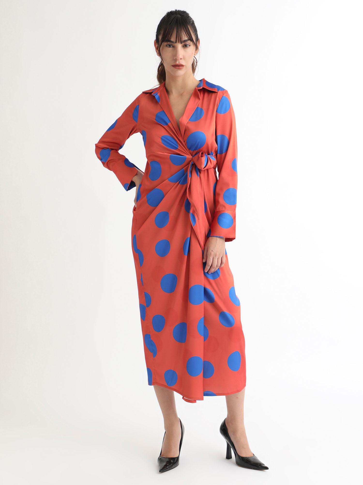 multi-color polka print wrap maxi dress