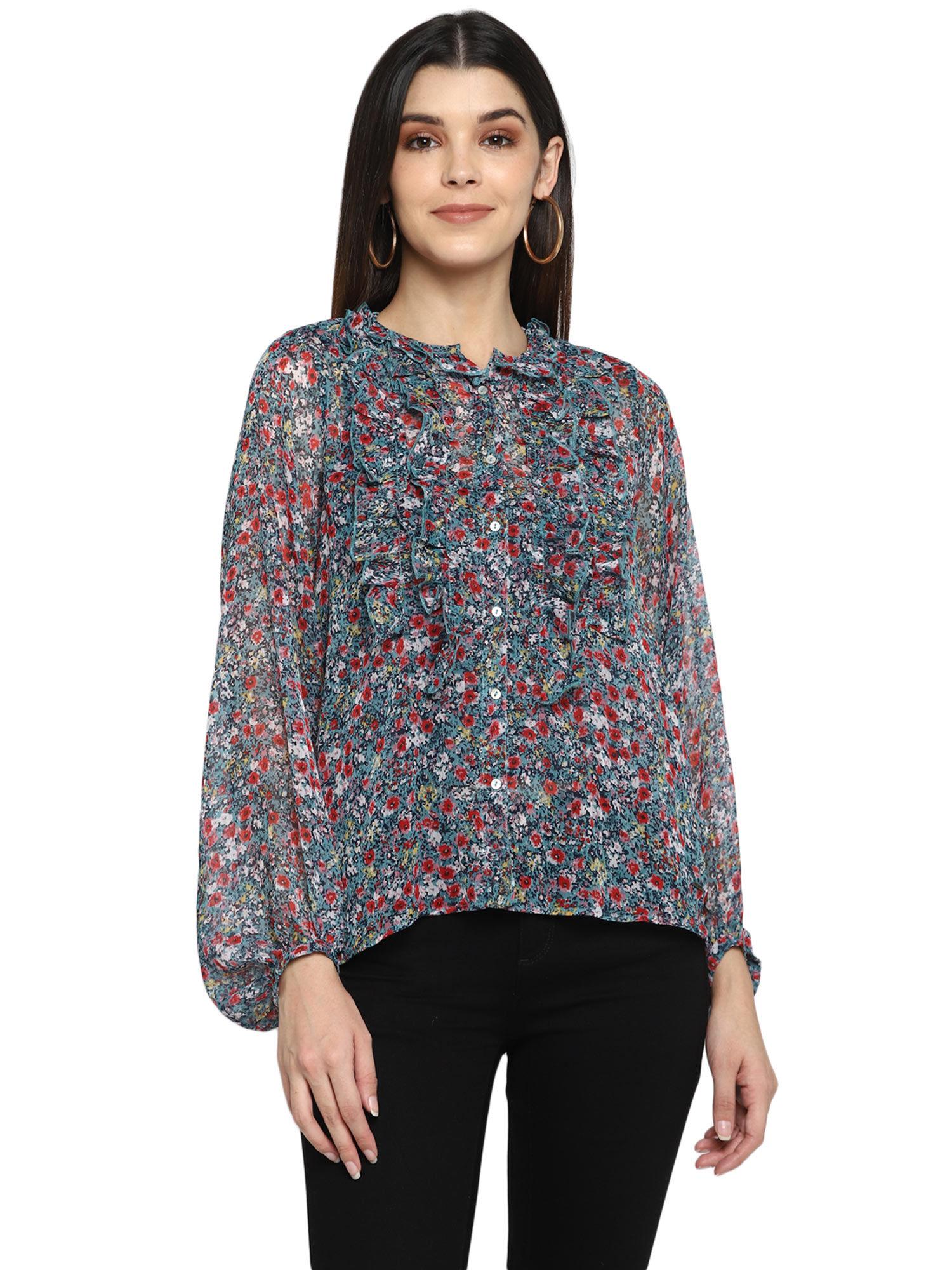 multi color polyester paisley print shirt style top