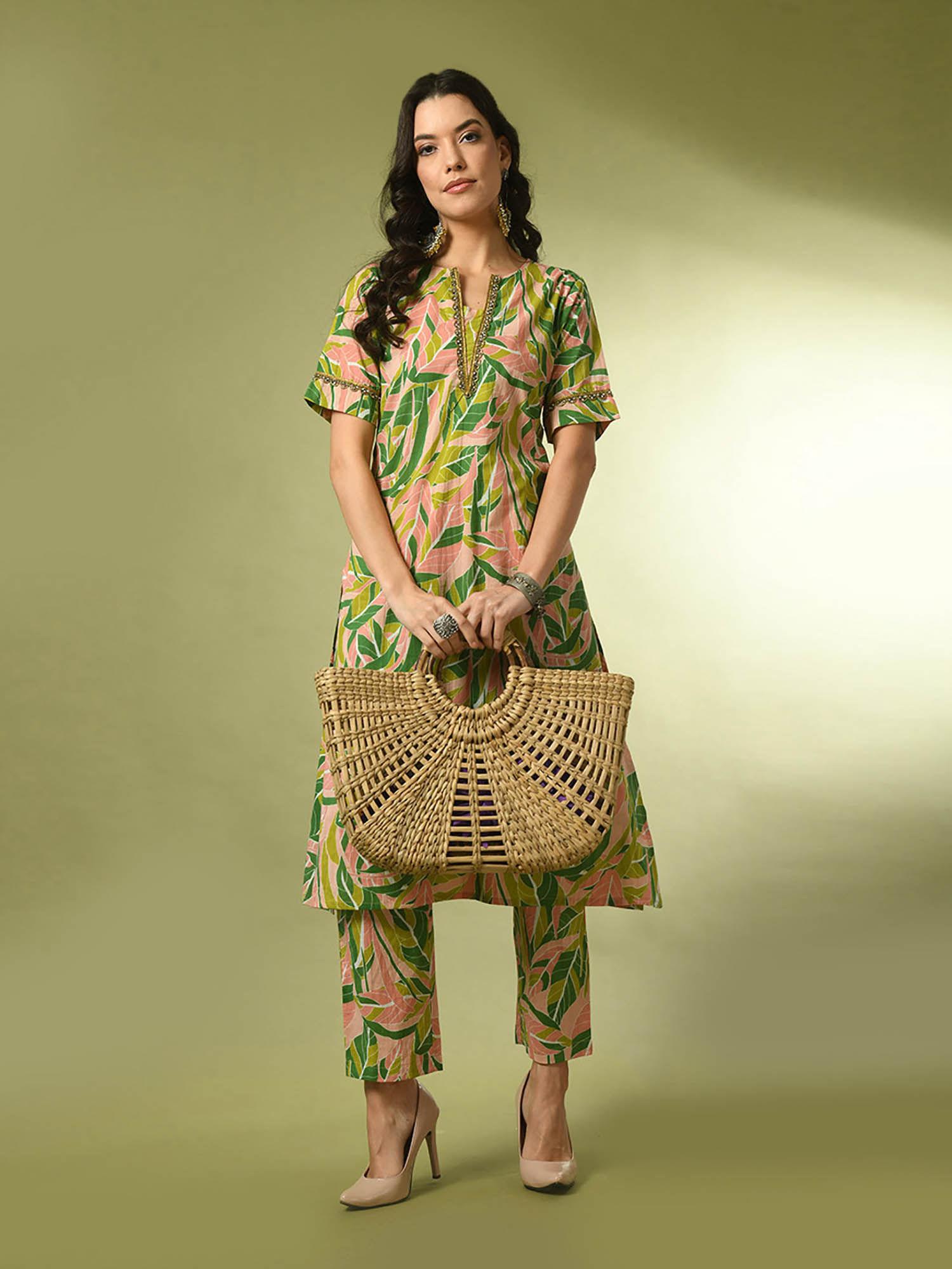 multi color printed cotton straight kurta with pant (set of 2)