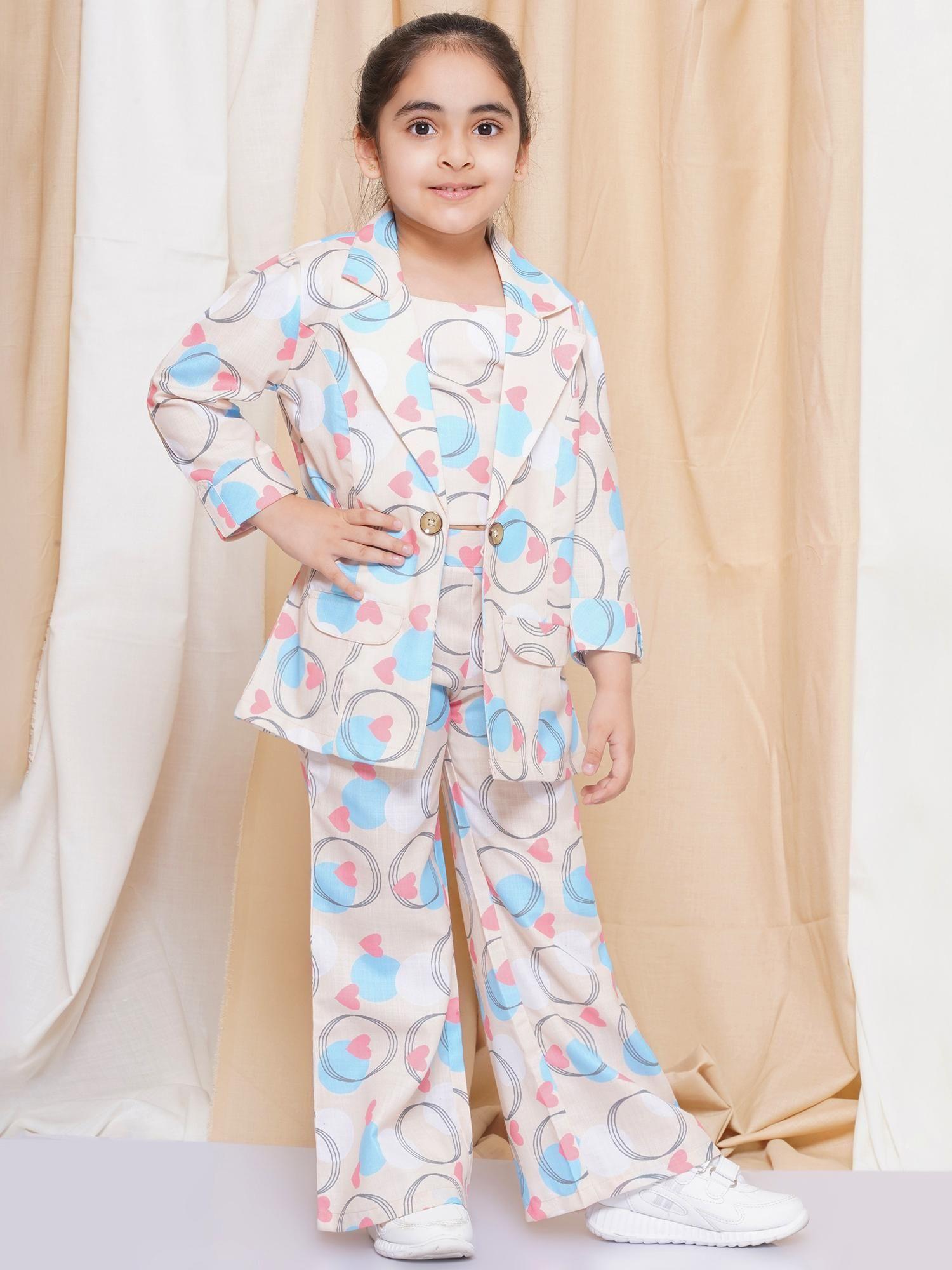 multi color printed cotton top pant and jacket for girls (set of 3)