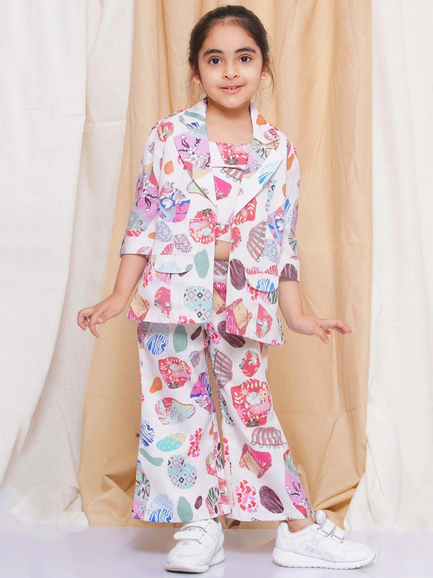 multi color printed cotton top pant and jacket for girls (set of 3)