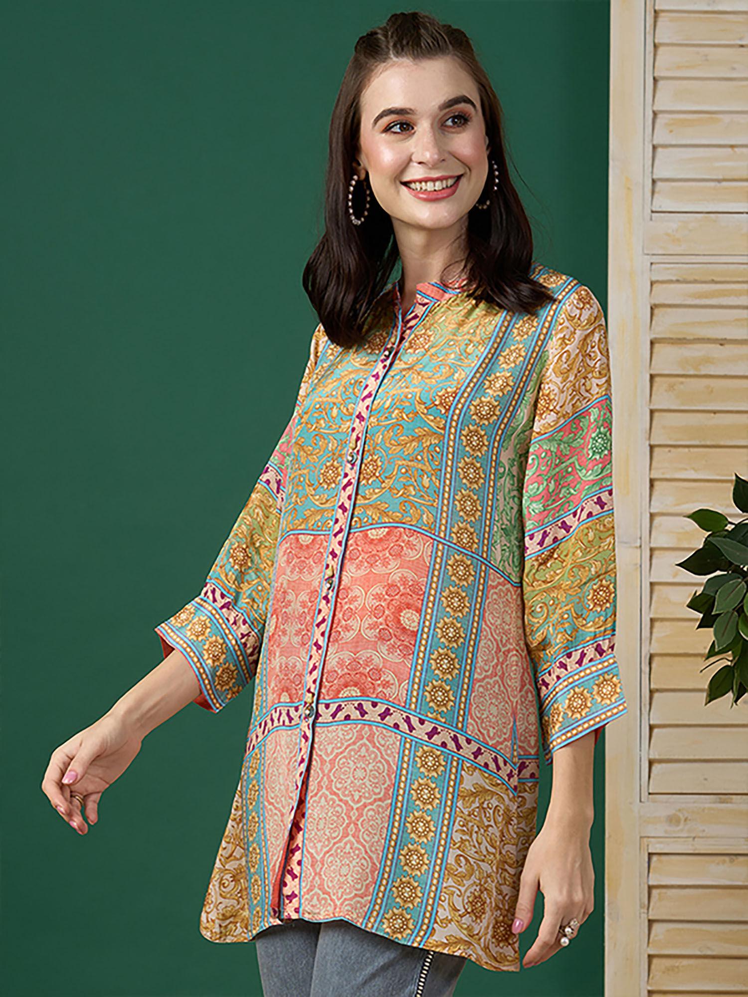 multi-color printed crepe stitched short kurti for women