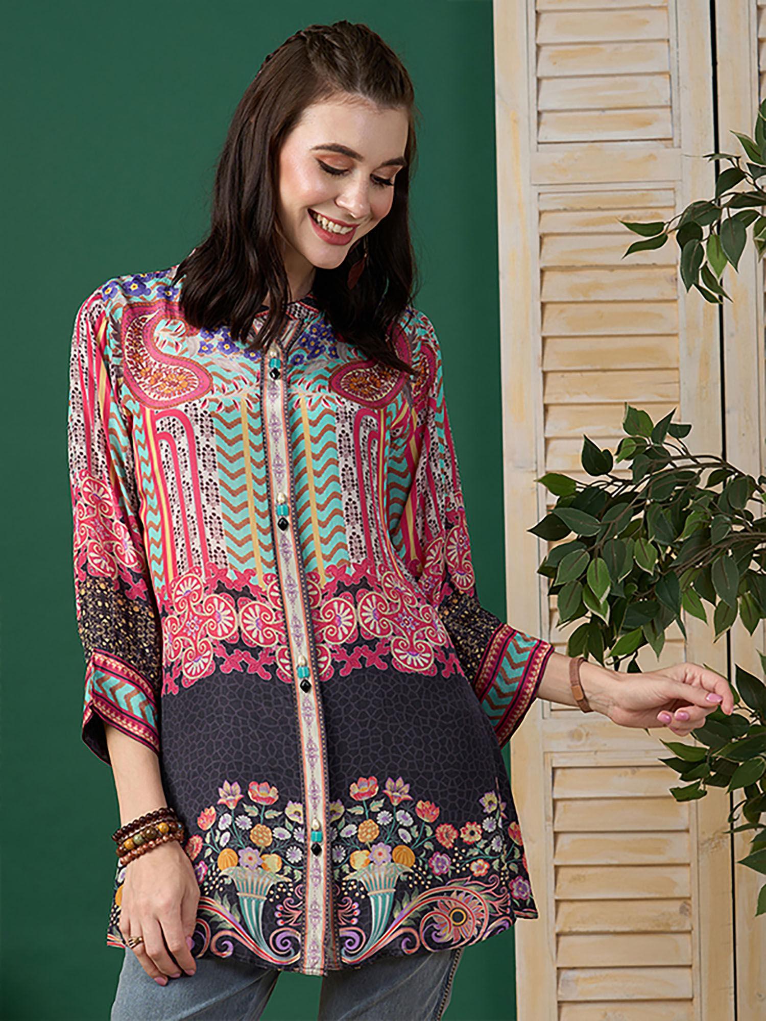 multi-color printed crepe stitched short kurti for women