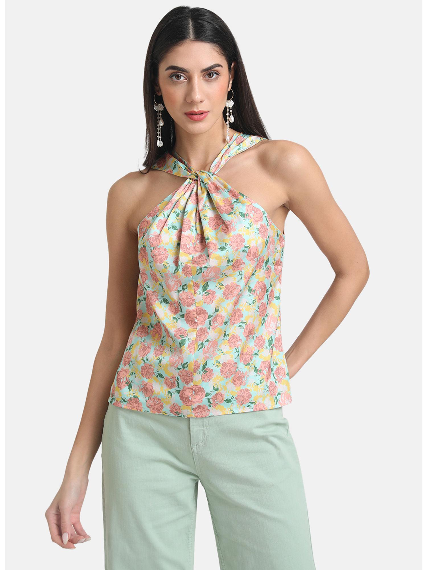 multi-color printed halter neck satin top