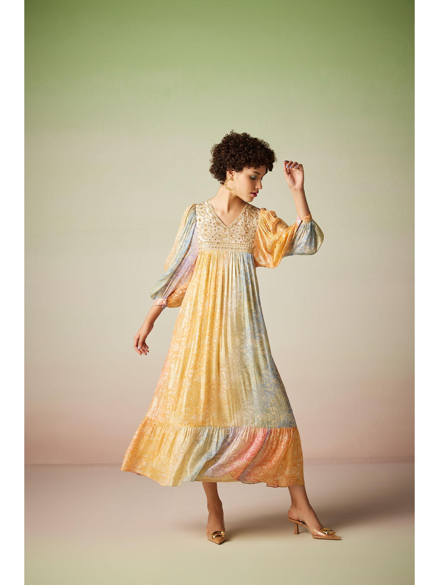 multi-color printed kaftan dress with jari thread detailing yoke