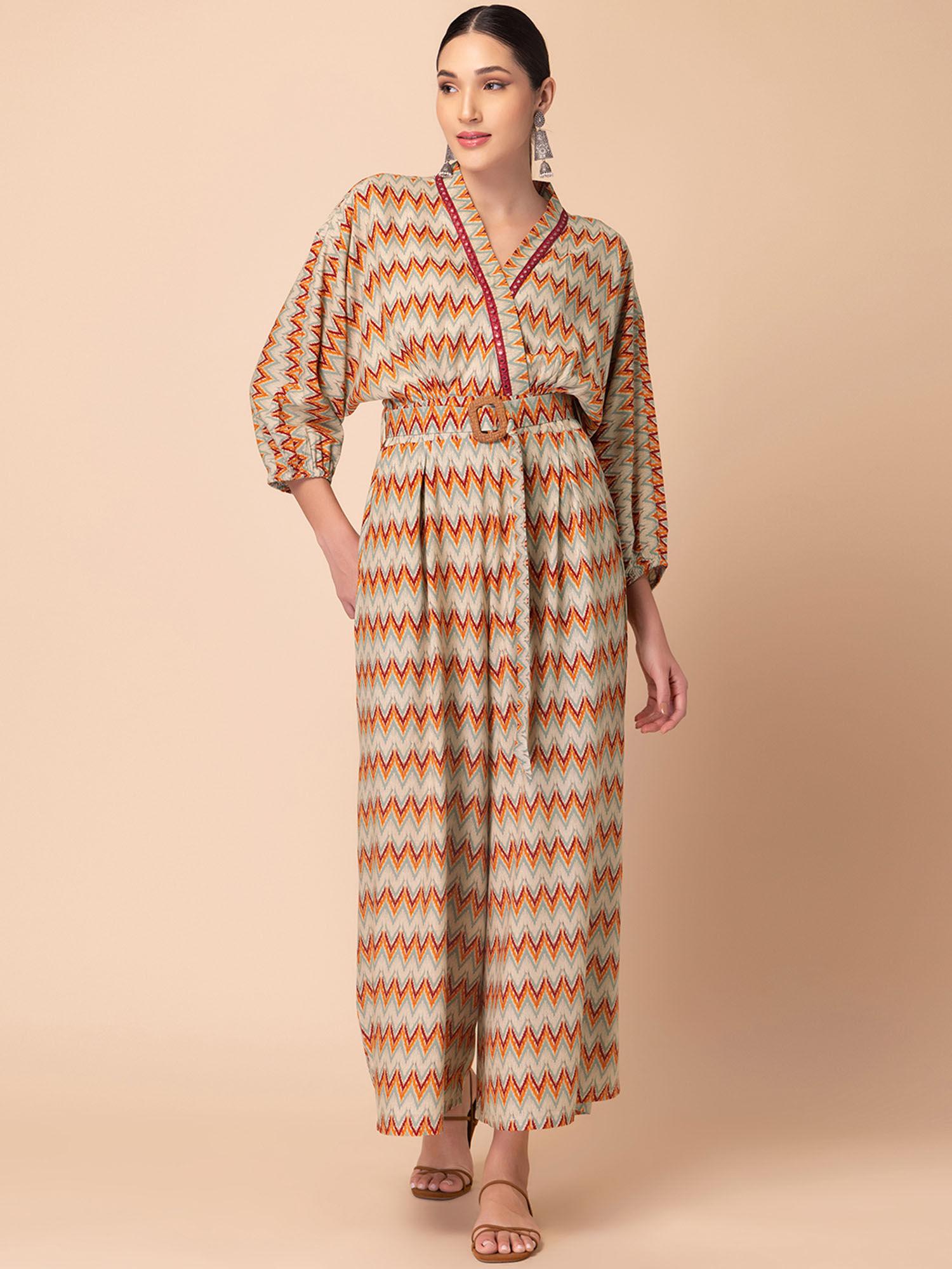 multi-color printed kimono jumpsuit with belt (set of 2)
