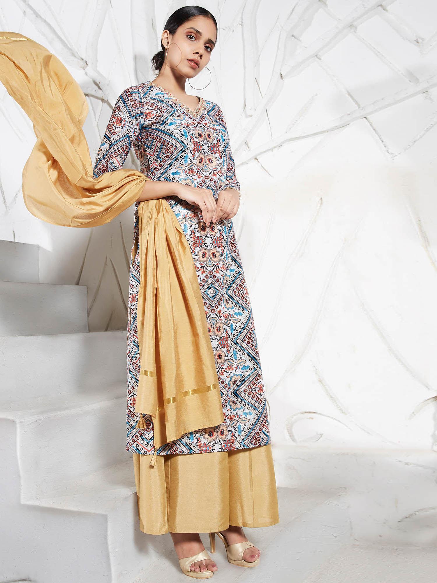 multi-color printed kurta and dupatta with palazzo (set of 3)