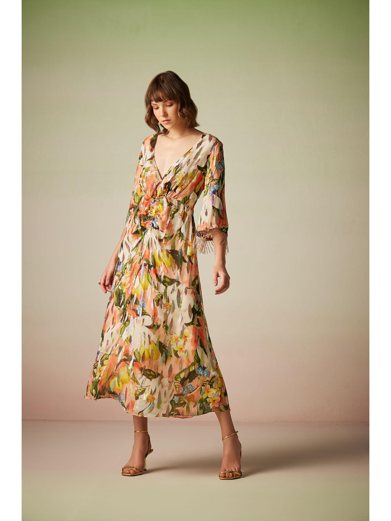multi-color printed long dress with ruching